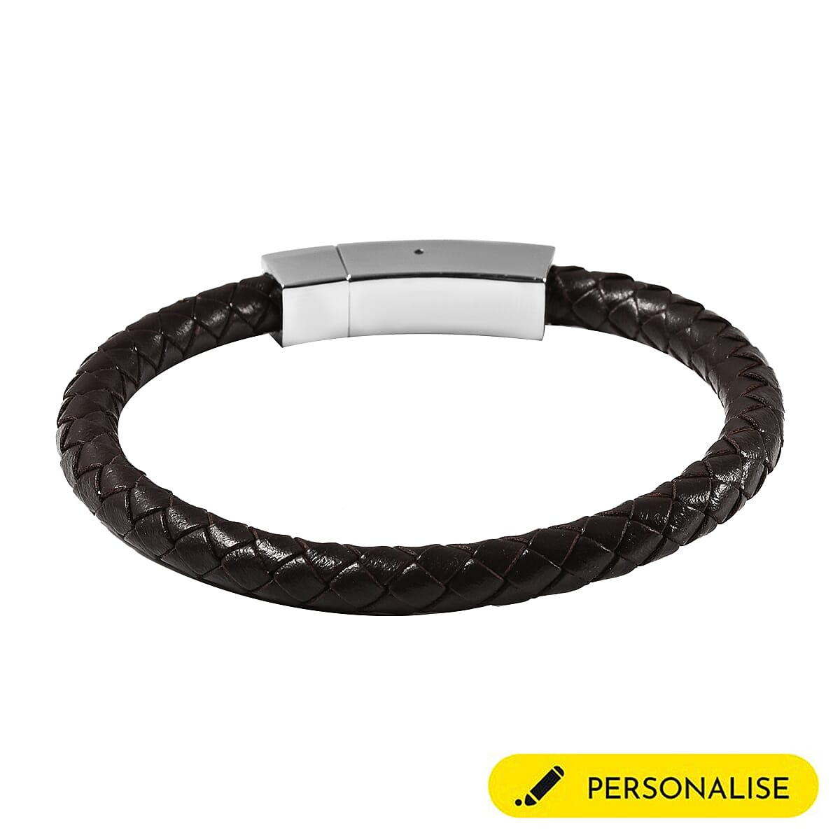 Personalised Engravable Brown Leather Bracelet 8", Steel