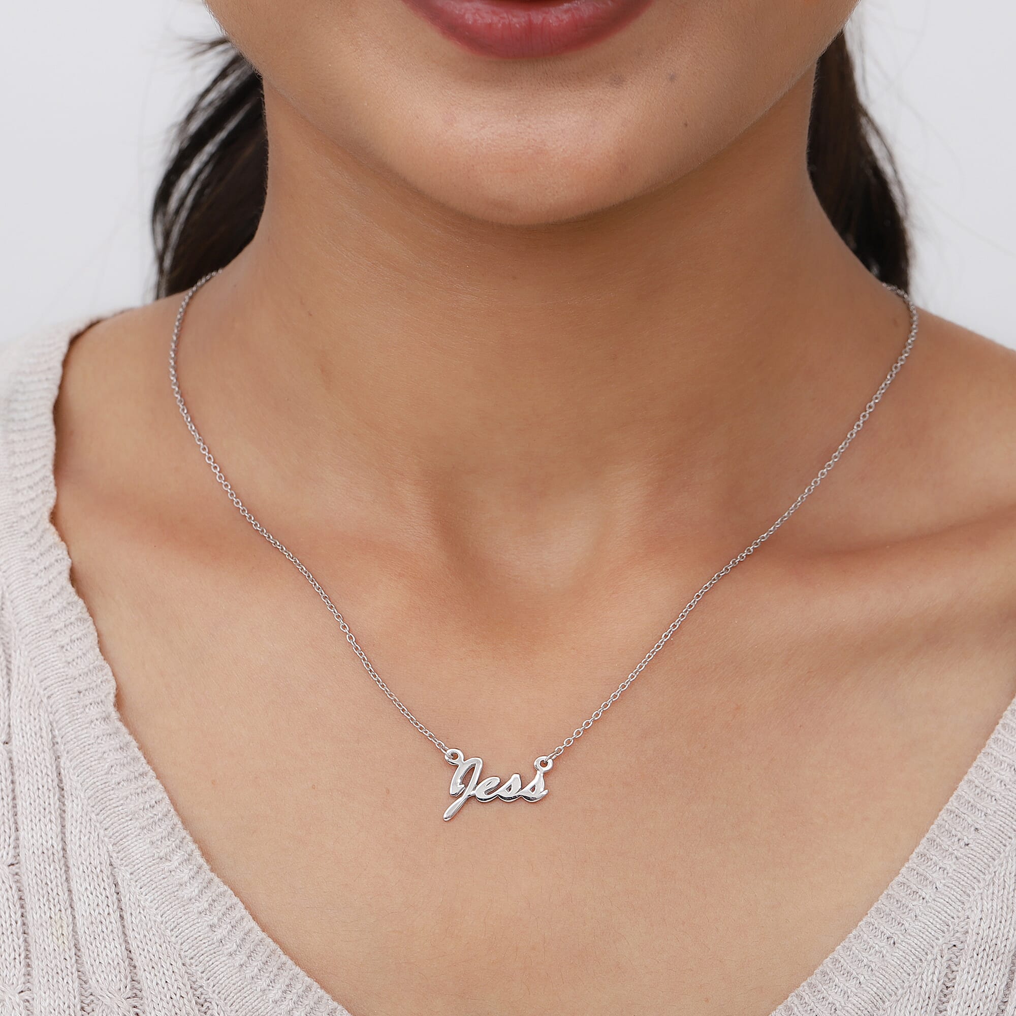 Personalised Name Necklace in Silver, Font - Brush Script MT, Size 18+2"
