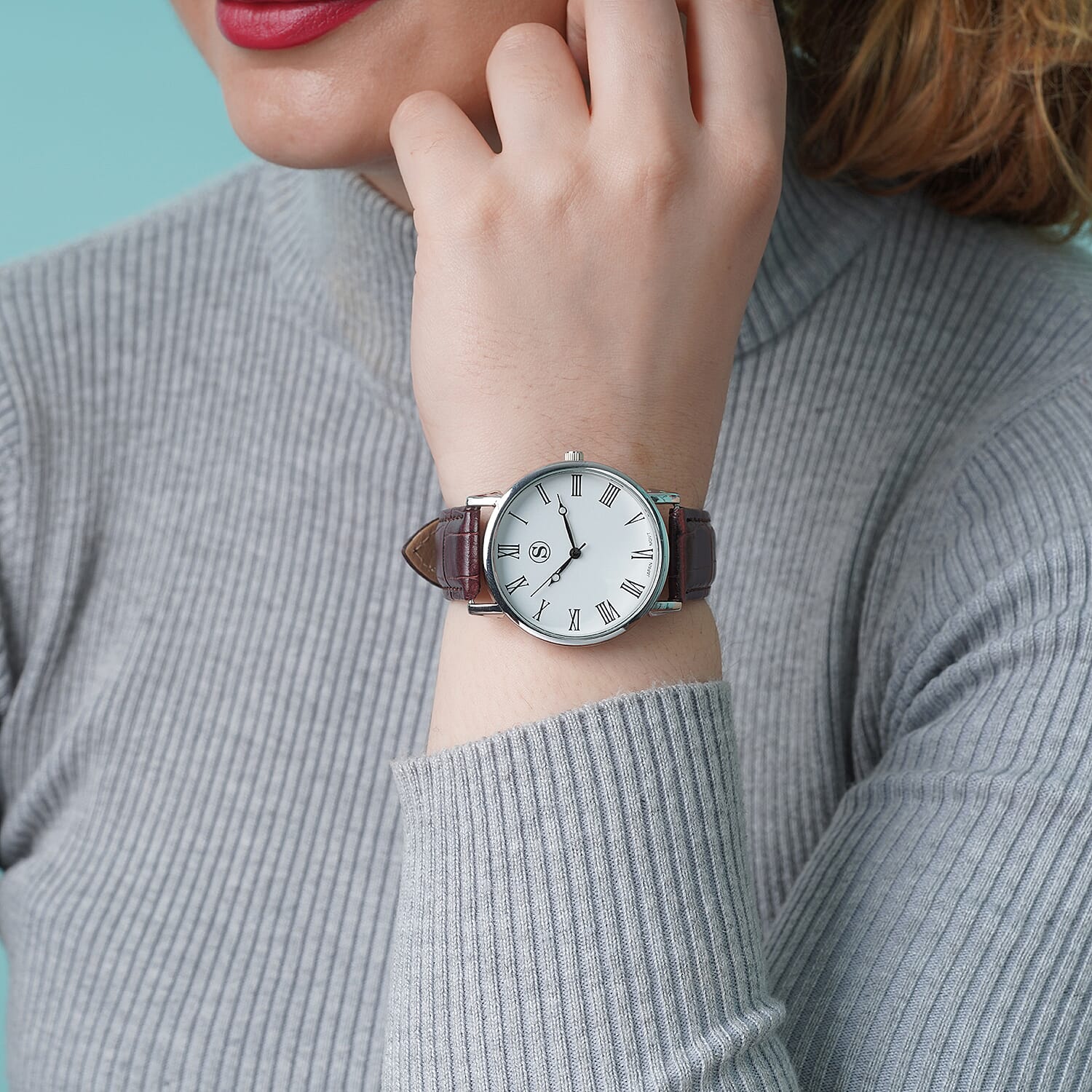 Personalised Engravable STRADA Japanese Movement Watch with Silver Tone and Brown Strap