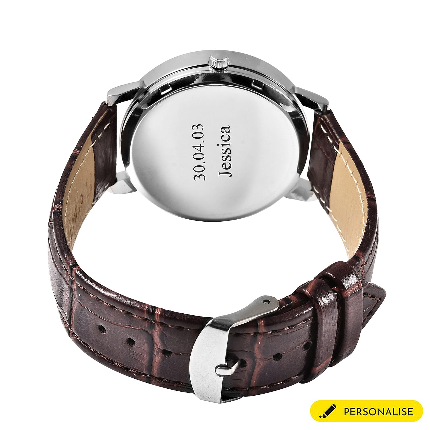 Personalised Engravable STRADA Japanese Movement Watch with Silver Tone and Brown Strap