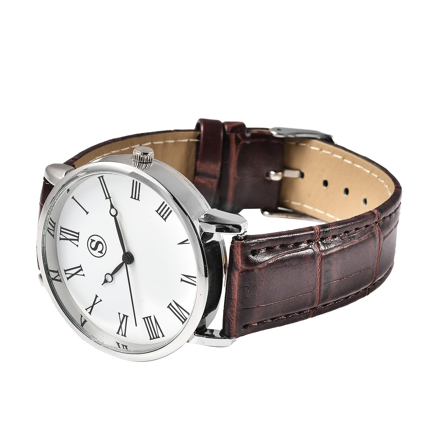 Personalised Engravable STRADA Japanese Movement Watch with Silver Tone and Brown Strap