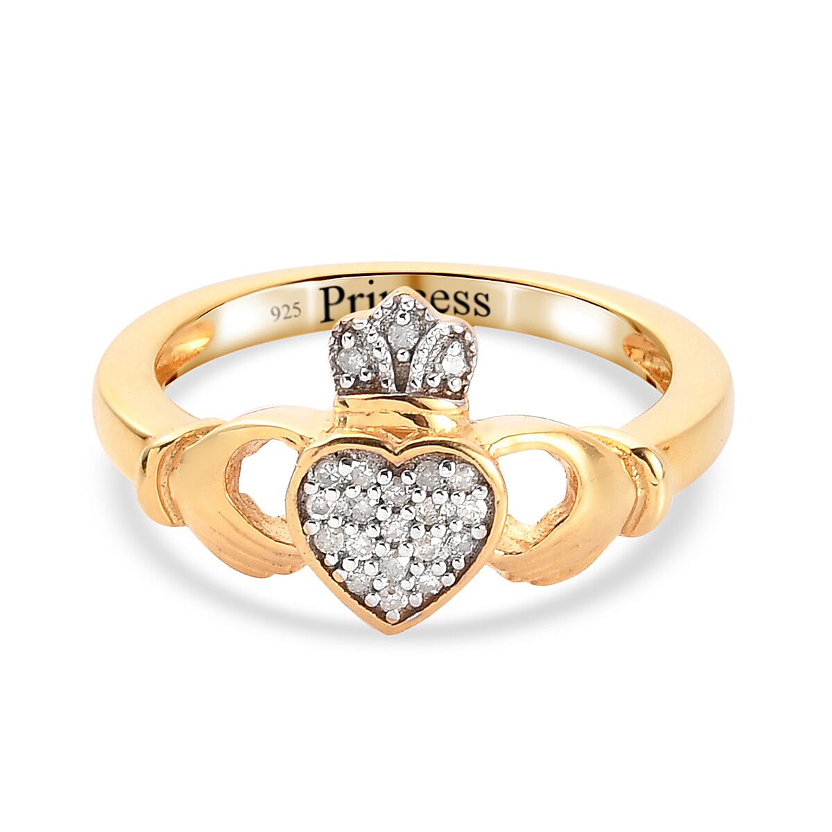 Personalised Engravable Diamond Claddagh Ring in 14K Gold Overlay Sterling Silver