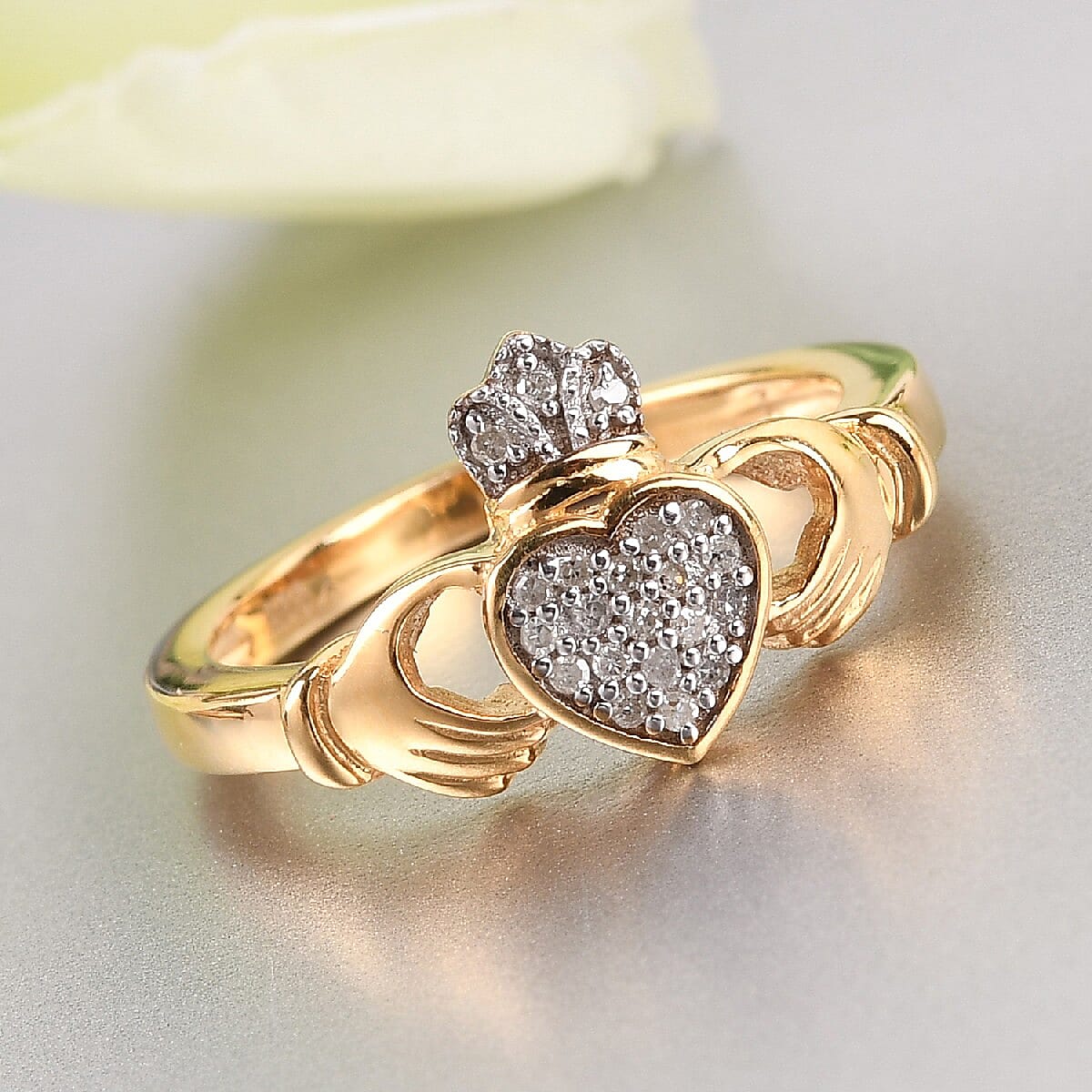 Personalised Engravable Diamond Claddagh Ring in 14K Gold Overlay Sterling Silver