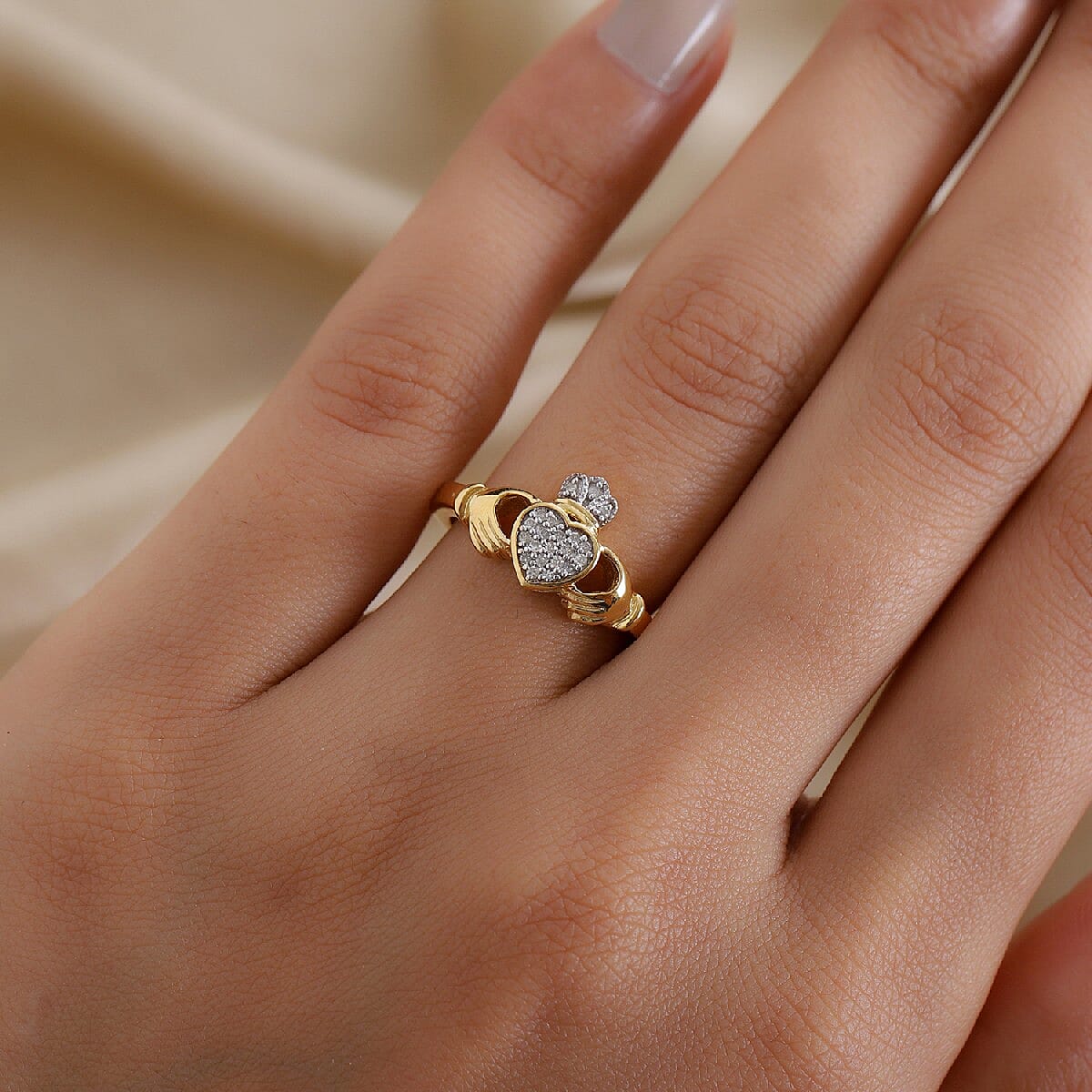 Personalised Engravable Diamond Claddagh Ring in 14K Gold Overlay Sterling Silver