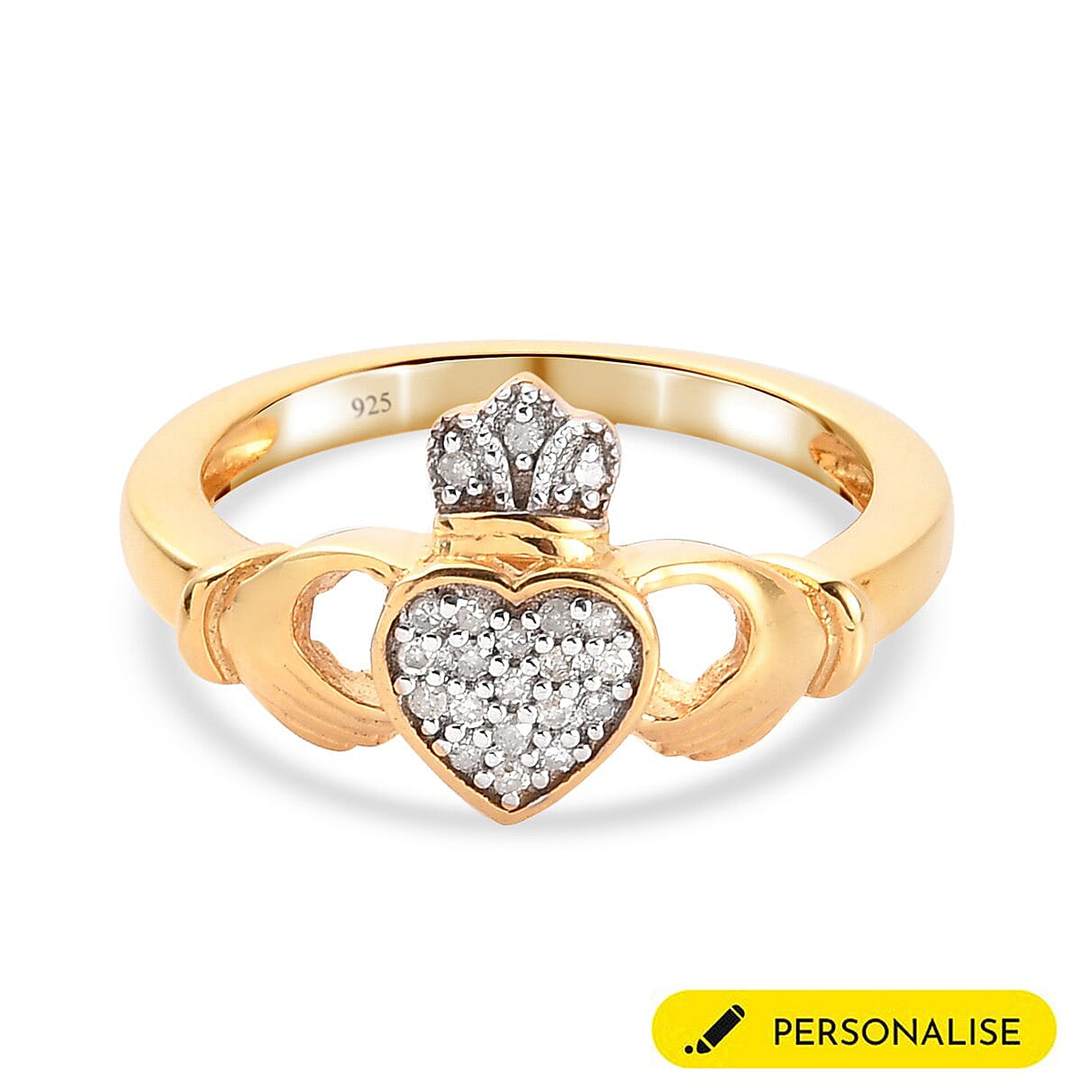 Personalised Engravable Diamond Claddagh Ring in 14K Gold Overlay Sterling Silver