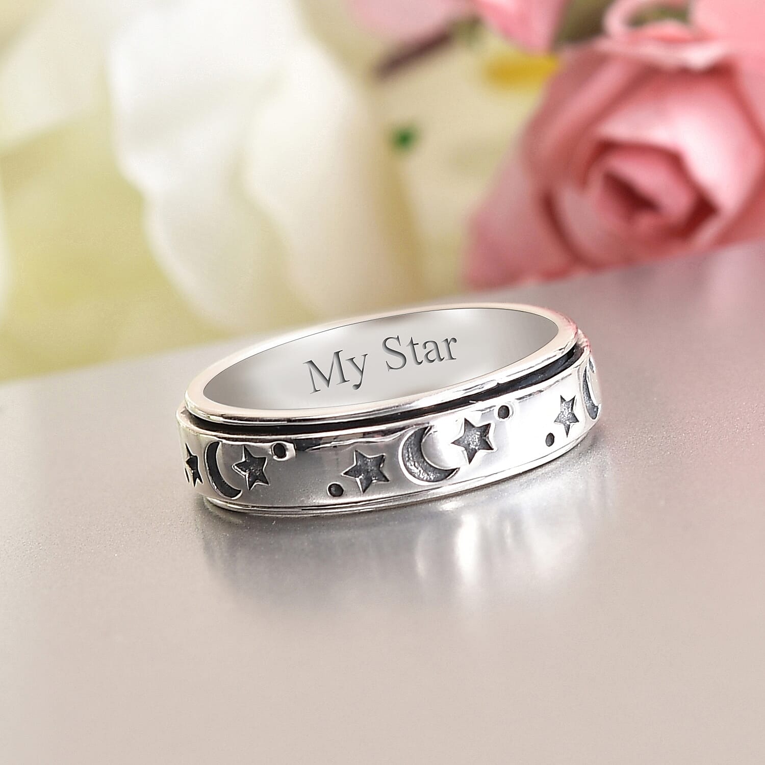 Personalised Engravable Artisan Crafted - Sun & Moon Spinner Sterling Silver Ring