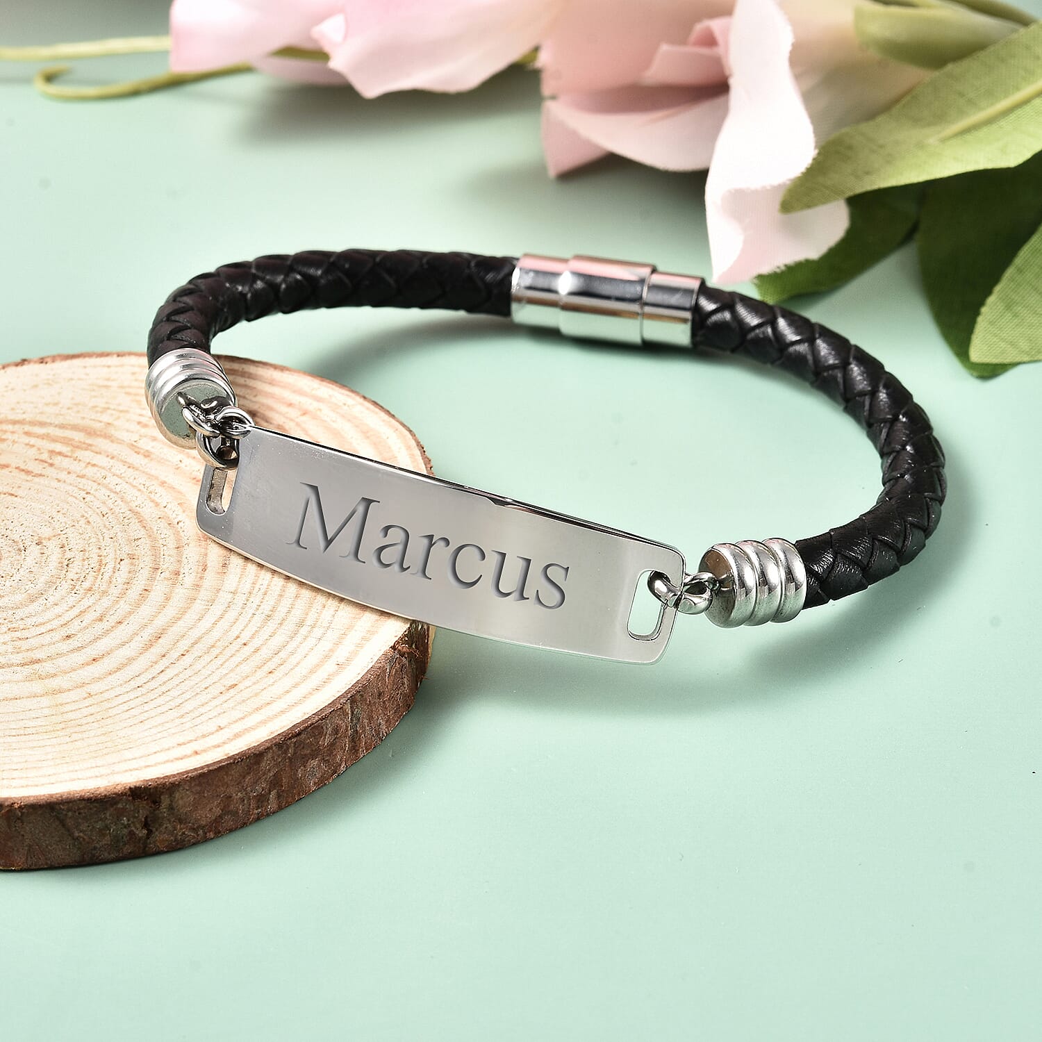 Personalised Engravable ID Bar Leather Bracelet in Silver Tone, 8 inch