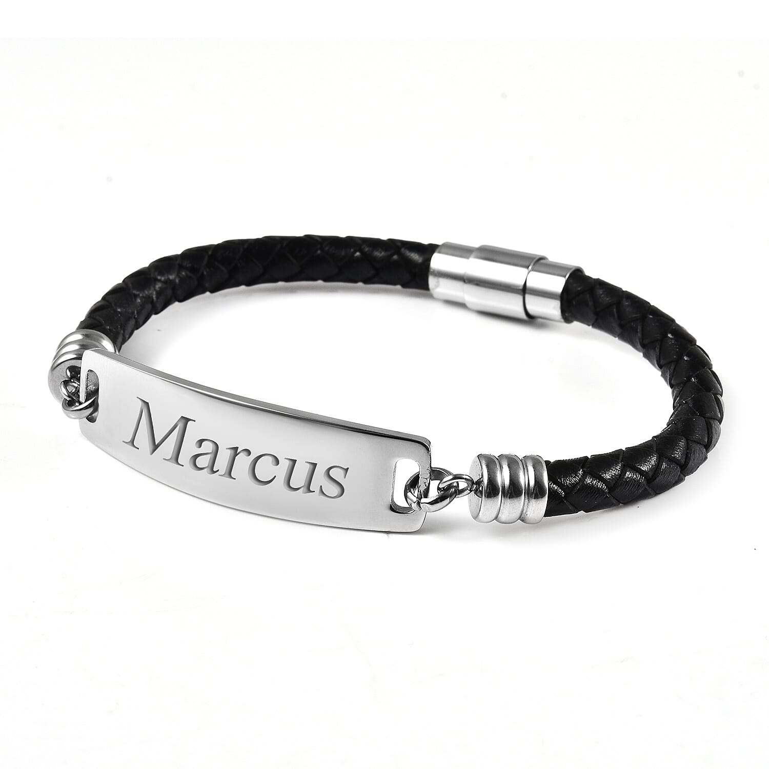 Personalised Engravable ID Bar Leather Bracelet in Silver Tone, 8 inch