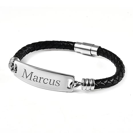 Personalised Engravable ID Bar Leather Bracelet in Silver Tone, 8 inch