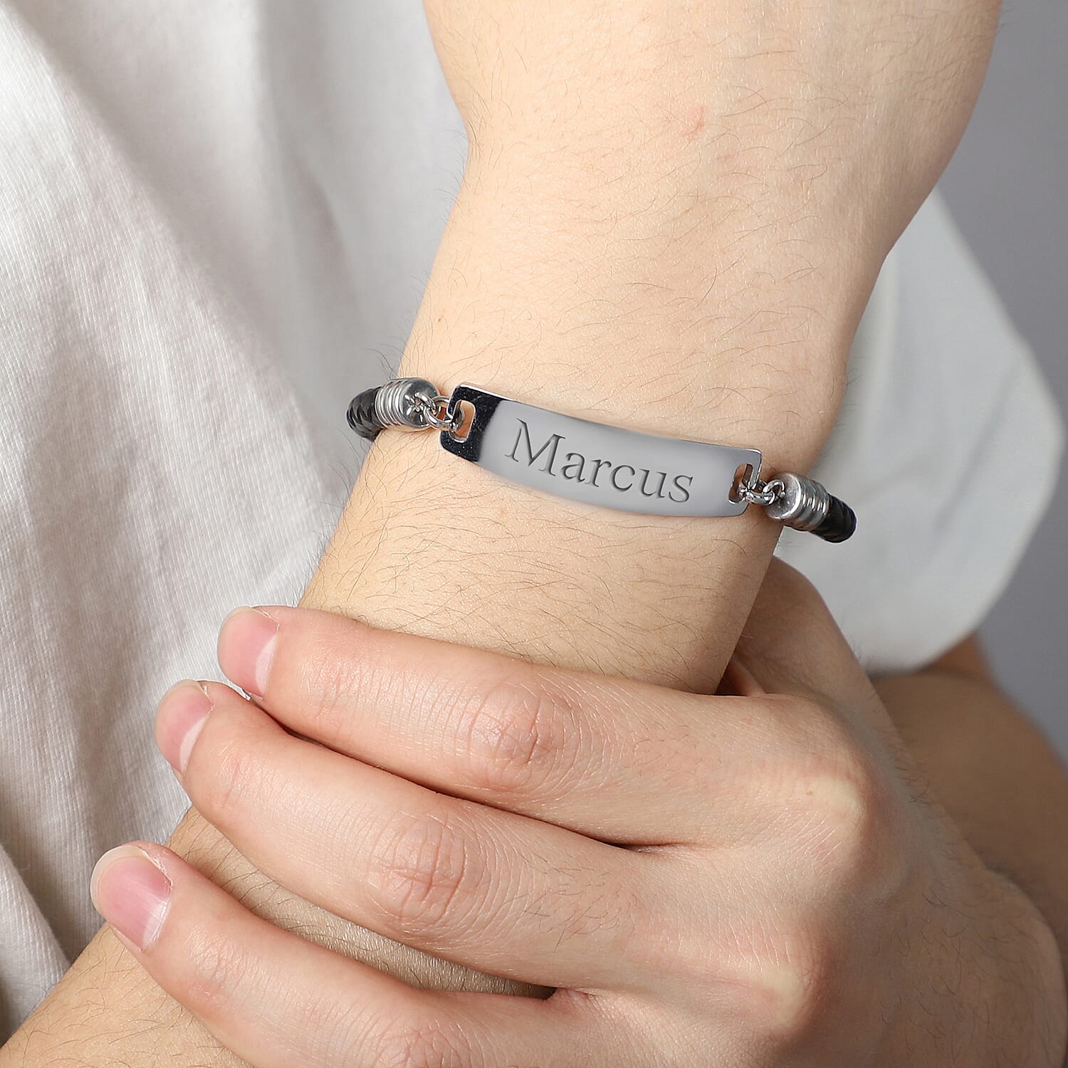 Personalised Engravable ID Bar Leather Bracelet in Silver Tone, 8 inch