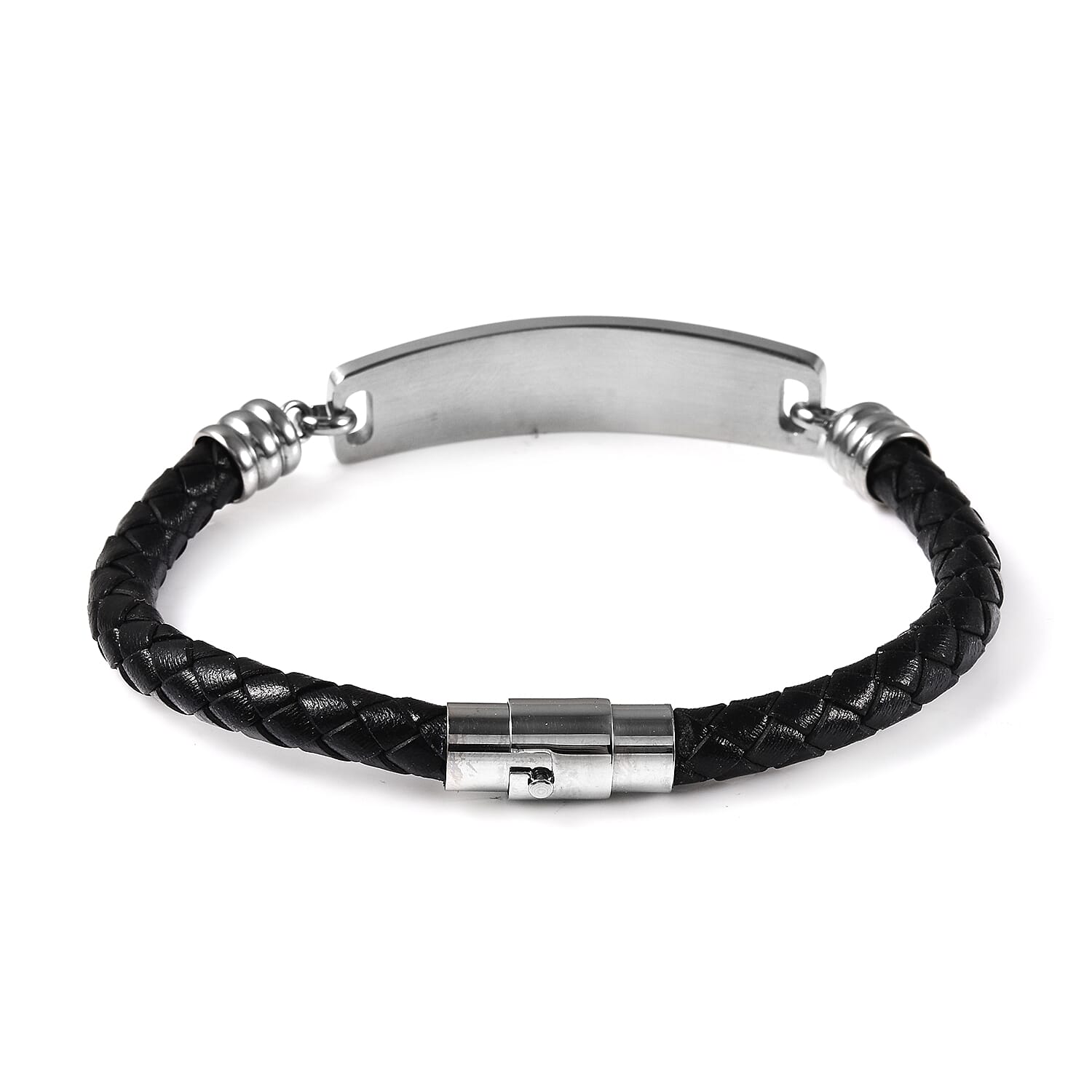Personalised Engravable ID Bar Leather Bracelet in Silver Tone, 8 inch
