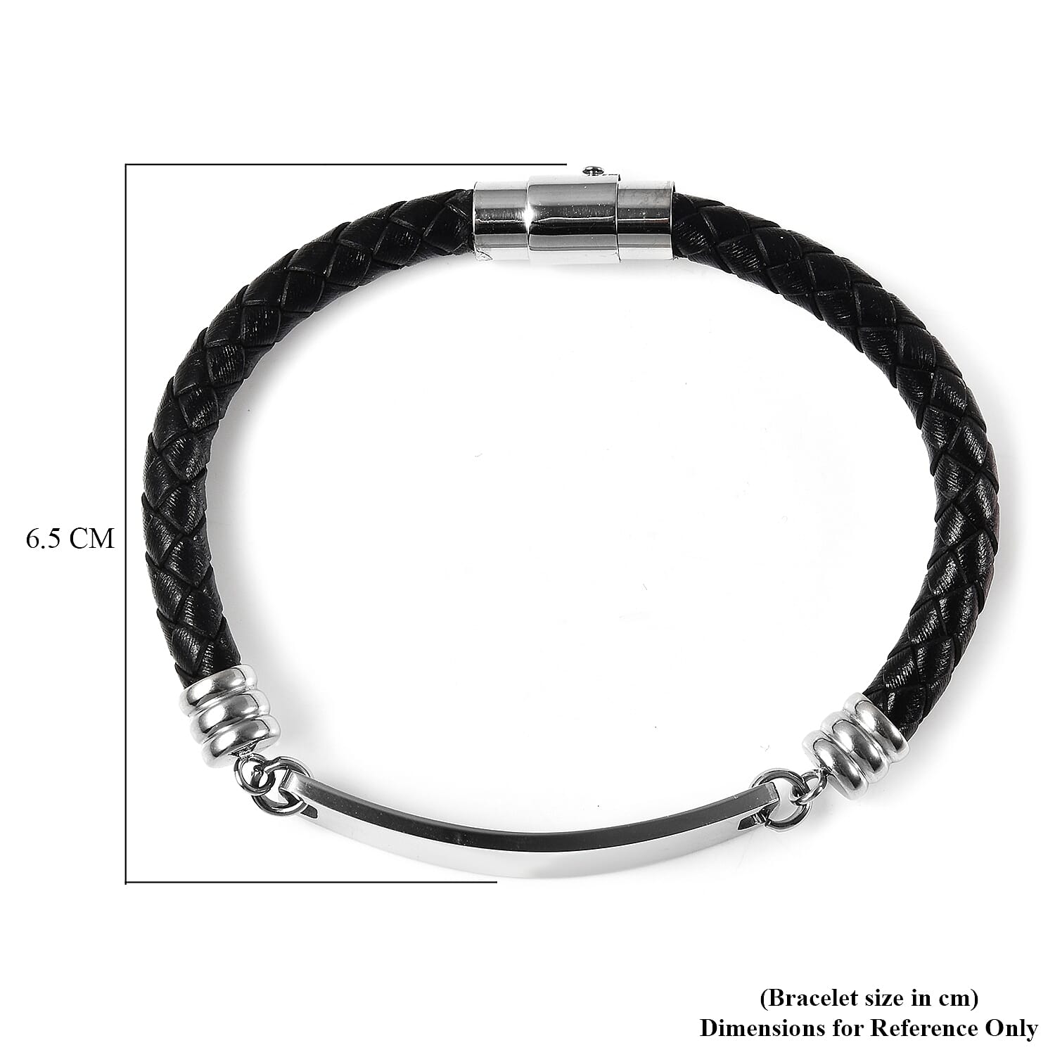 Personalised Engravable ID Bar Leather Bracelet in Silver Tone, 8 inch