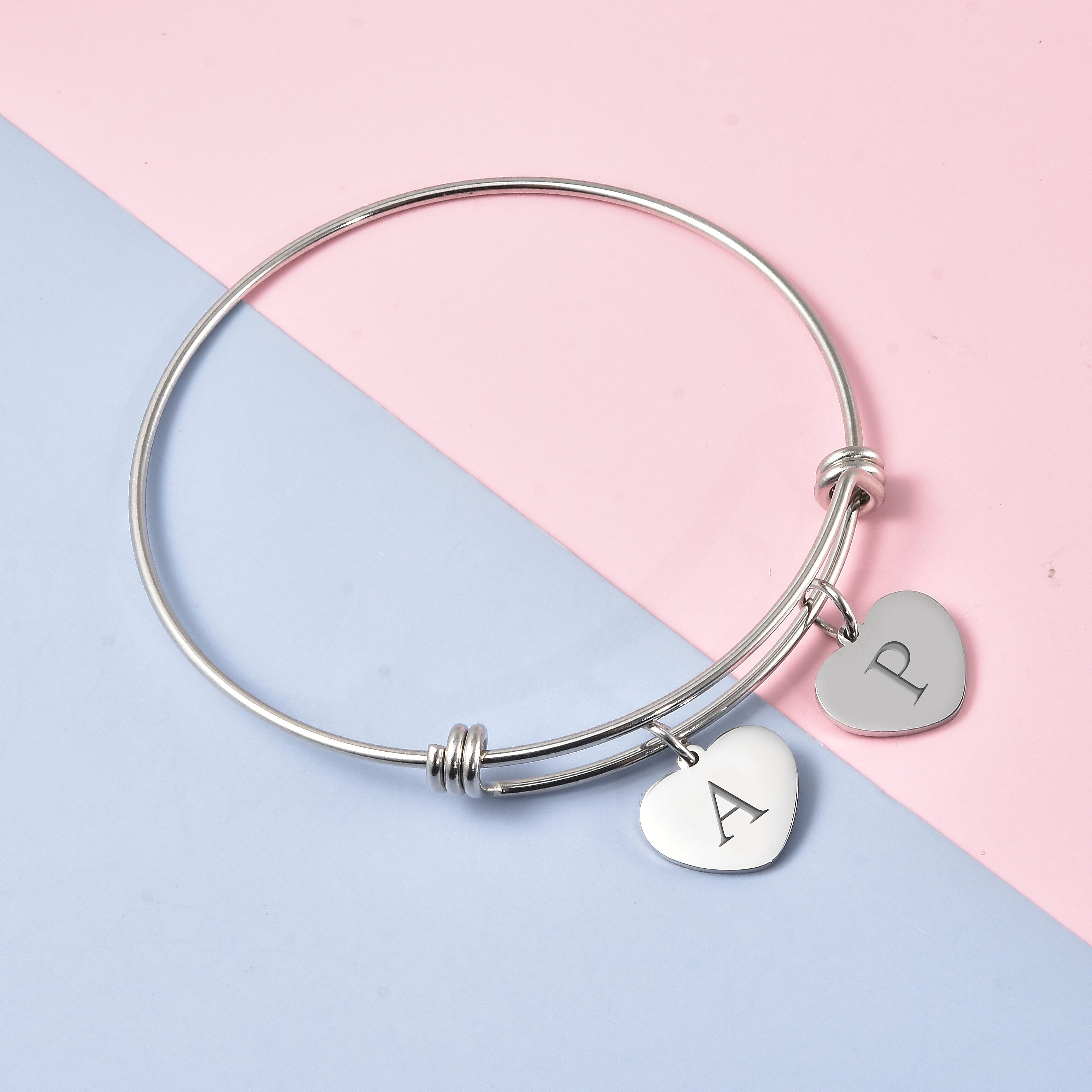 Personalised Engravable 2 Heart Charm Bangle in Silver Tone, Size 7.5"