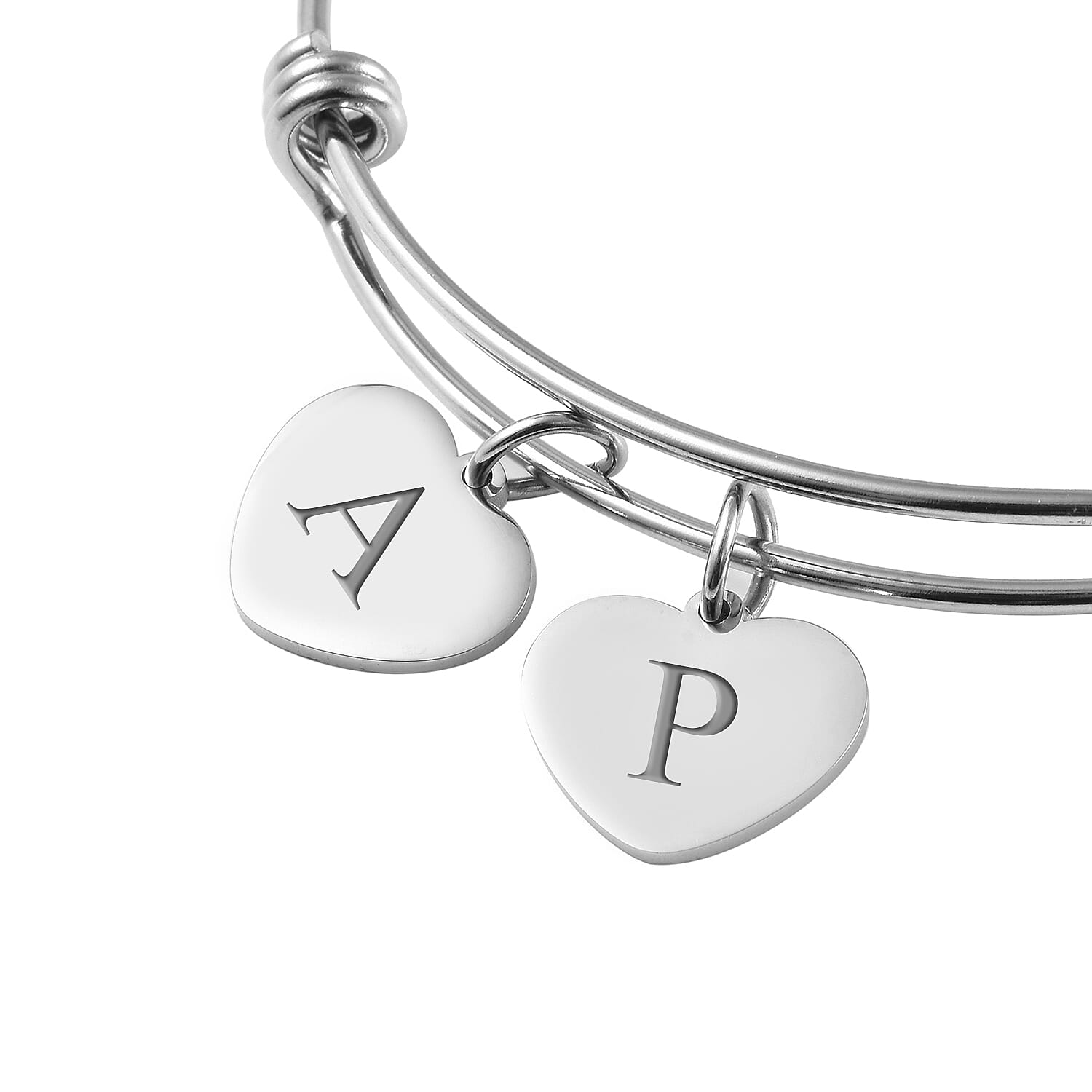 Personalised Engravable 2 Heart Charm Bangle in Silver Tone, Size 7.5"