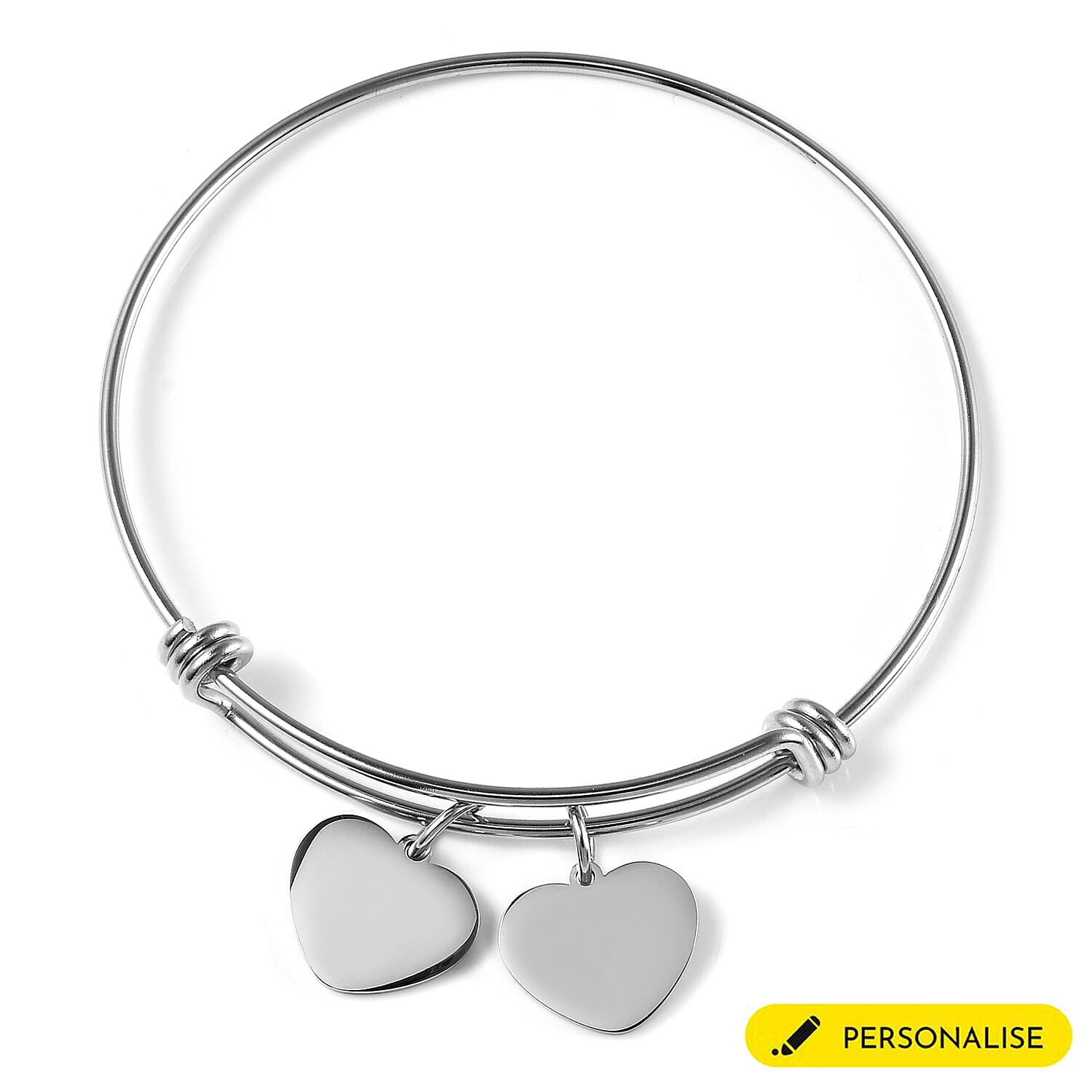 Personalised Engravable 2 Heart Charm Bangle in Silver Tone, Size 7.5"