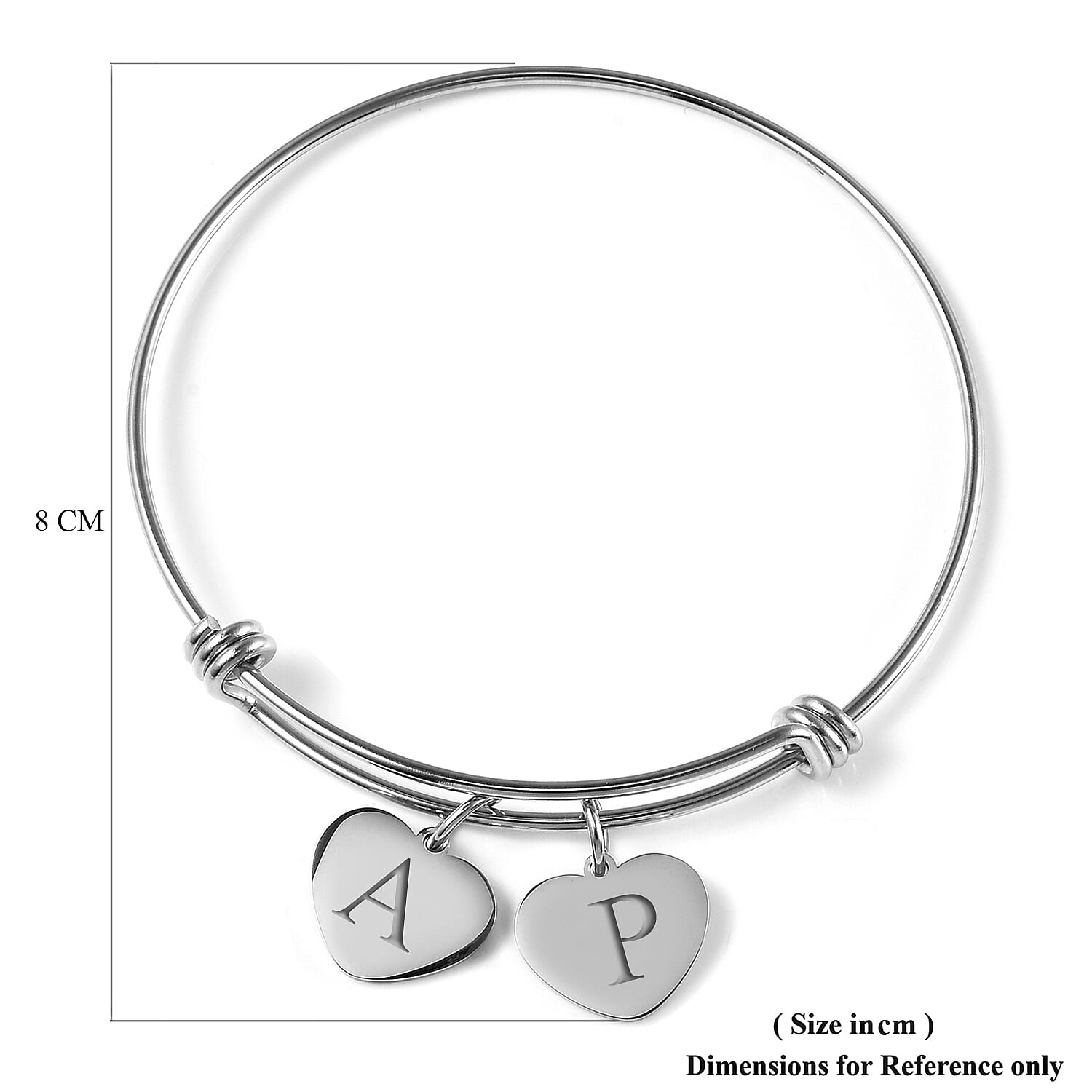 Personalised Engravable 2 Heart Charm Bangle in Silver Tone, Size 7.5"