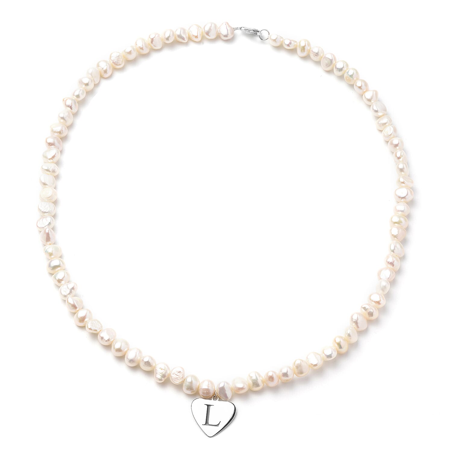 Personalised Engravable Fresh Water Pearl and Heart Charm Necklace, Size 20" in Silver