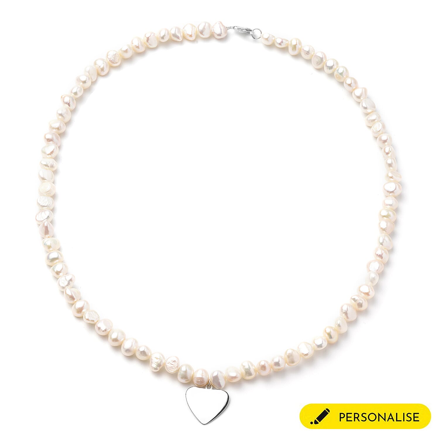 Personalised Engravable Fresh Water Pearl and Heart Charm Necklace, Size 20" in Silver