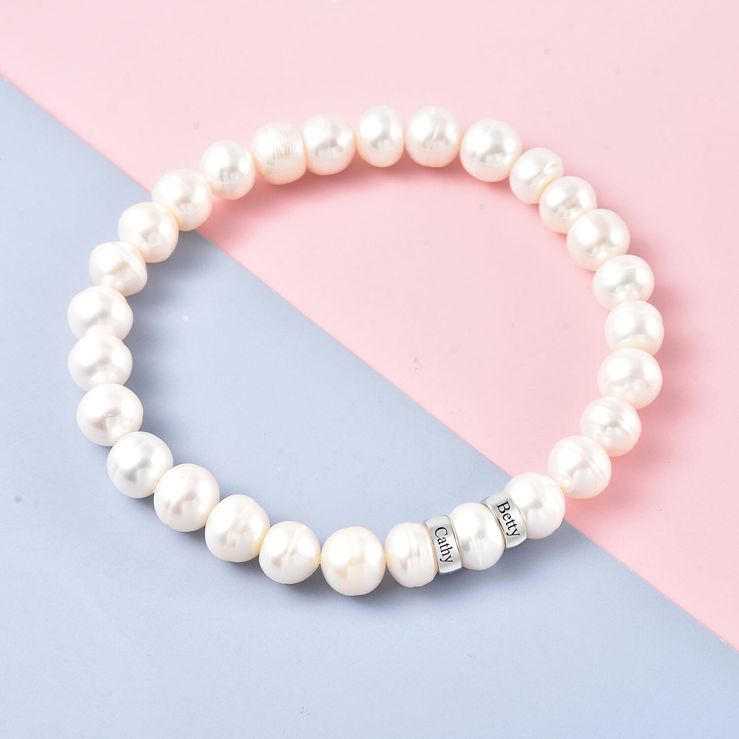 Personalised Engravable Fresh Water Pearl and 2 Ring Bracelet in Sterling Silver, Size 7 Inch