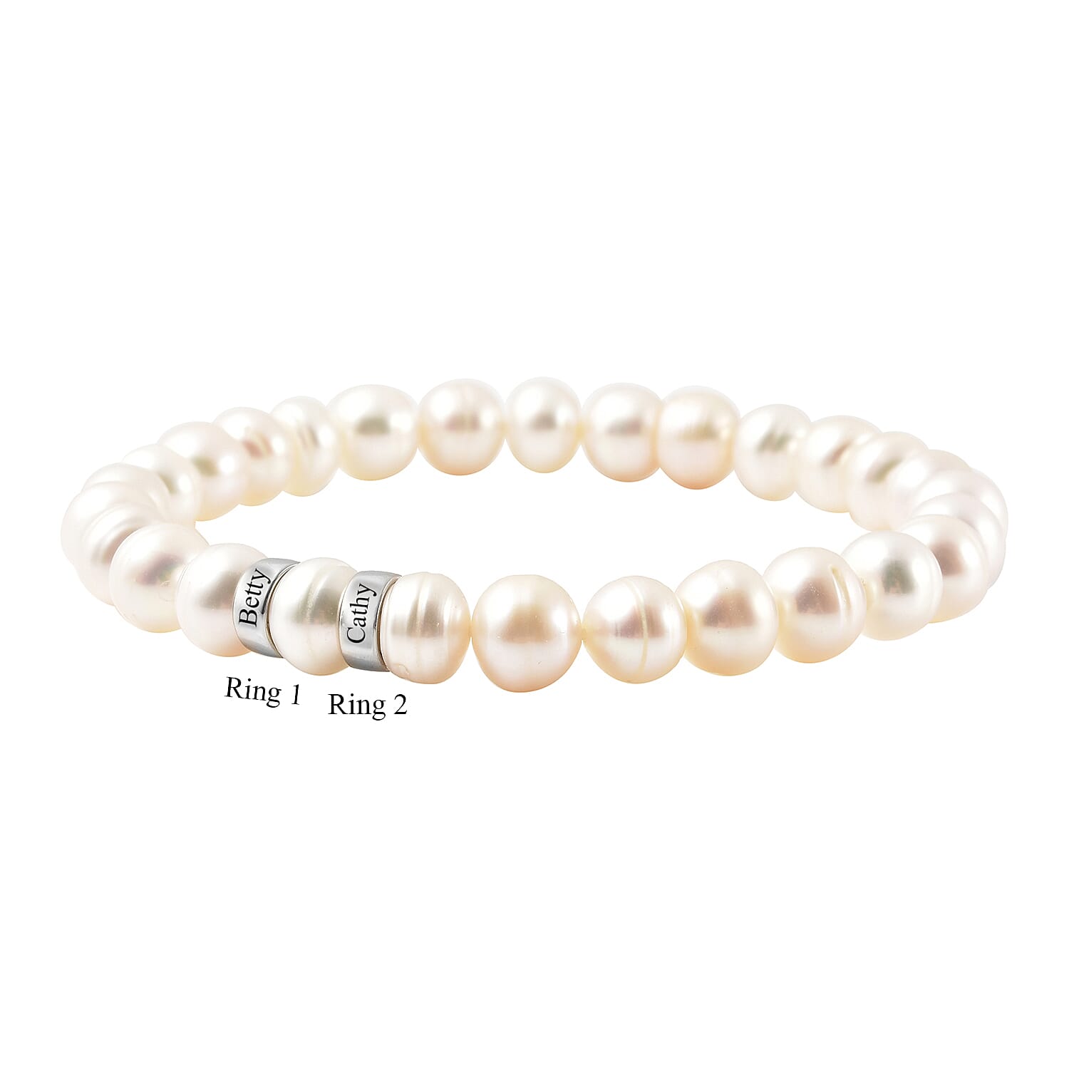 Personalised Engravable Fresh Water Pearl and 2 Ring Bracelet in Sterling Silver, Size 7 Inch