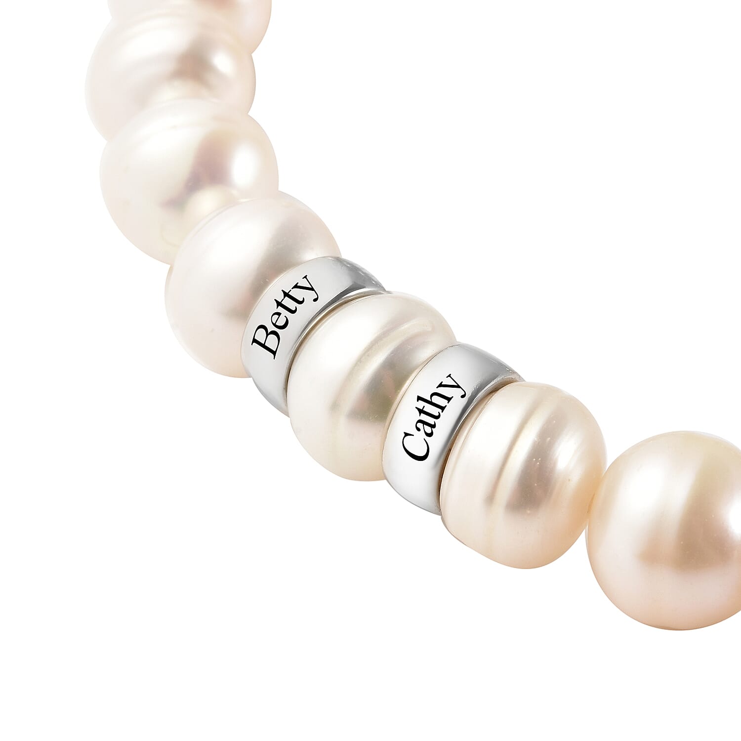 Personalised Engravable Fresh Water Pearl and 2 Ring Bracelet in Sterling Silver, Size 7 Inch
