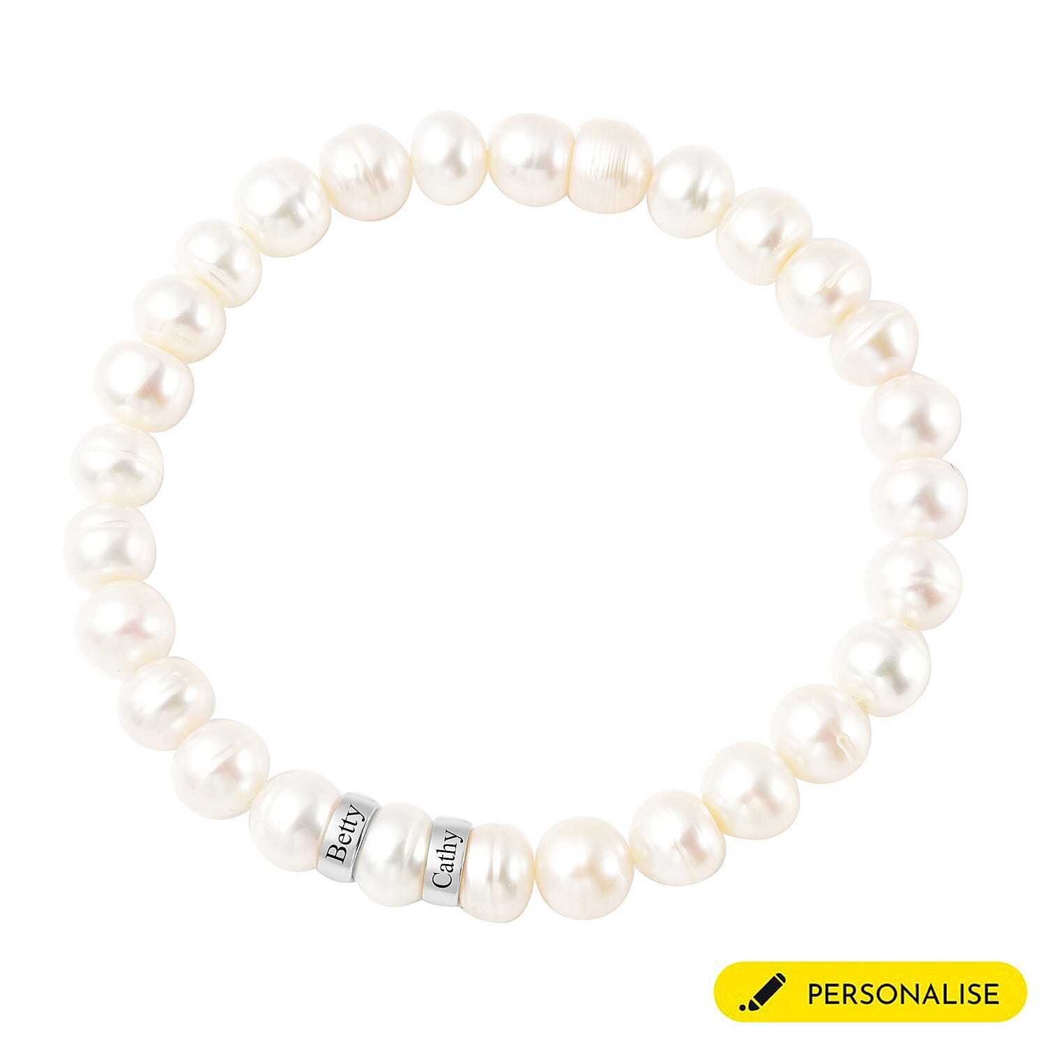 Personalised Engravable Fresh Water Pearl and 2 Ring Bracelet in Sterling Silver, Size 7 Inch