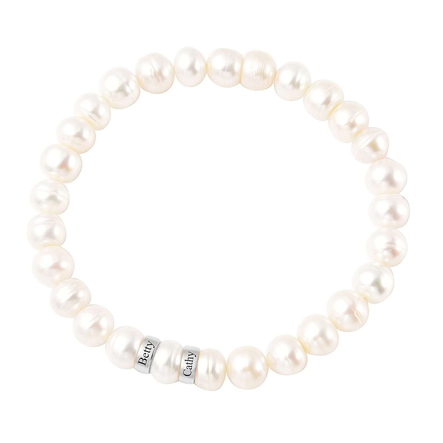 Personalised Engravable Fresh Water Pearl and 2 Ring Bracelet in Sterling Silver, Size 7 Inch