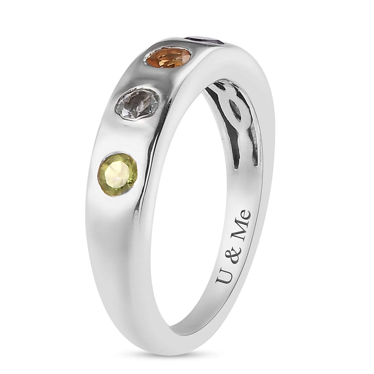 Personalised Engravable Multi Gemstone Button Band Ring Platinum Plated in Silver