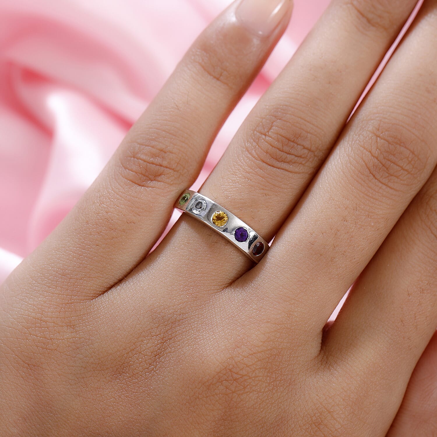 Personalised Engravable Multi Gemstone Button Band Ring Platinum Plated in Silver