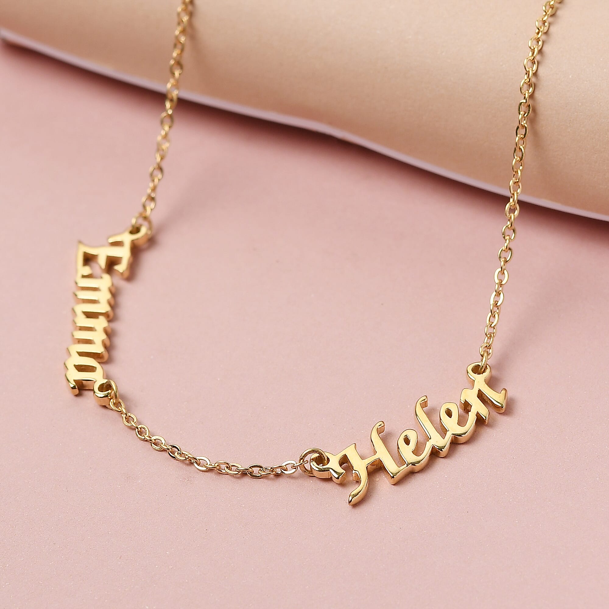 Personalised Two Names Necklace in Brass, Size 18", Font- Freehand521 BT