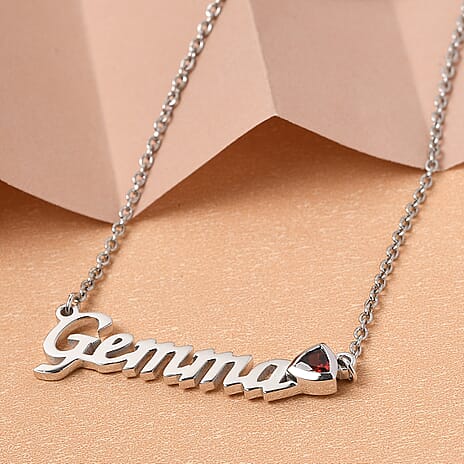 Personalised Garnet Gemstone Name Necklace in Brass, Font- Script MT Bold