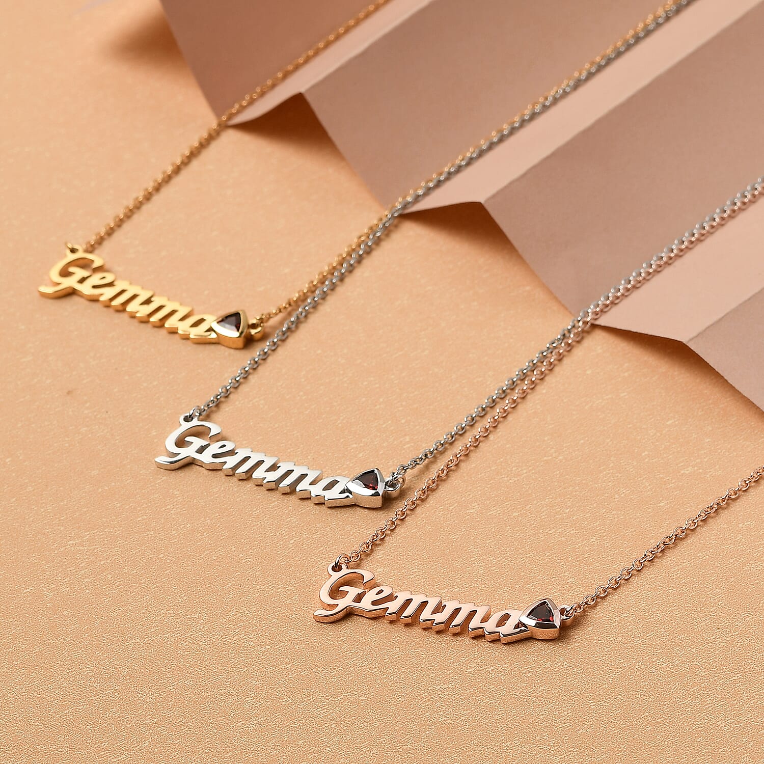 Personalised Garnet Gemstone Name Necklace in Brass, Font- Script MT Bold