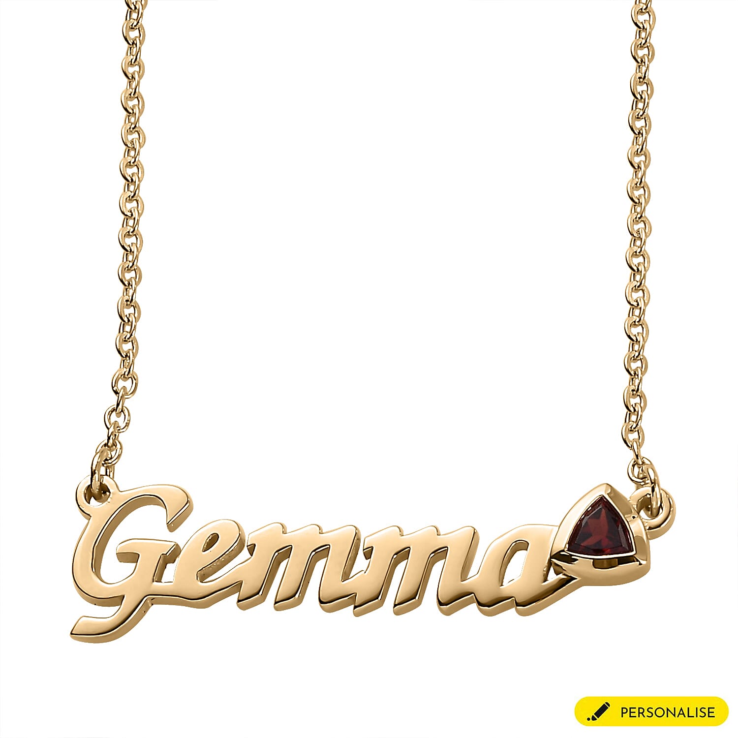 Personalised Garnet Gemstone Name Necklace in Brass, Font- Script MT Bold