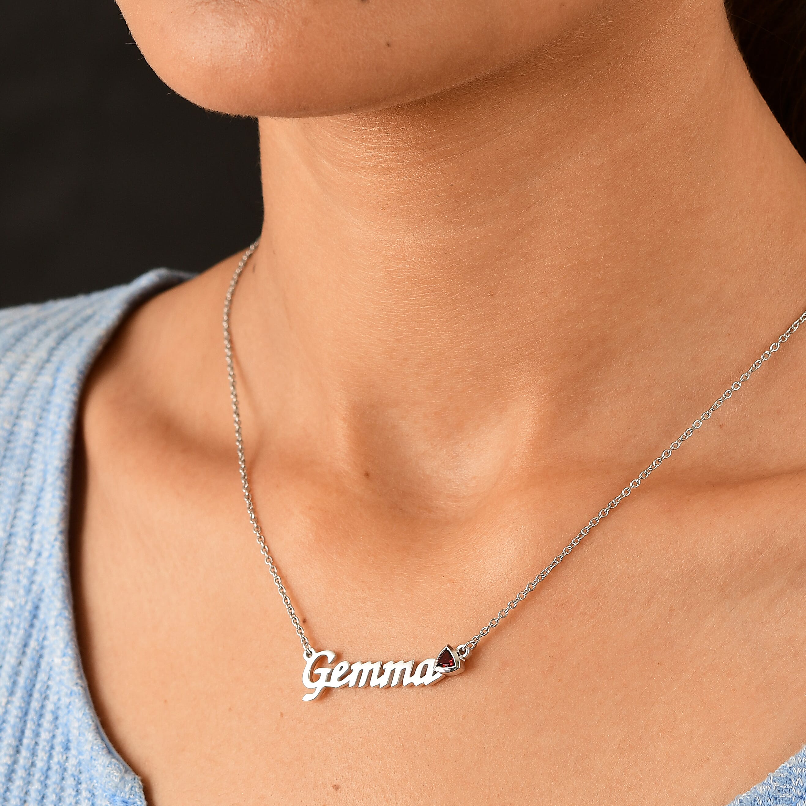 Personalised Garnet Gemstone Name Necklace in Brass, Font- Script MT Bold