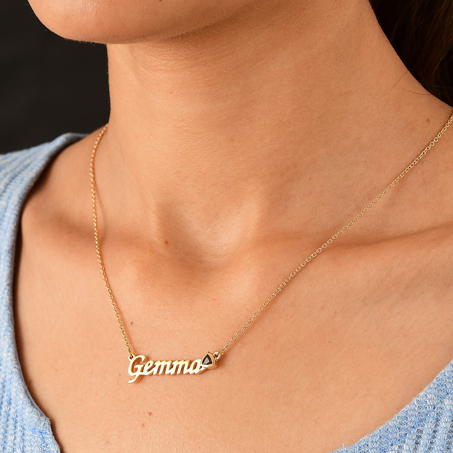 Personalised Garnet Gemstone Name Necklace in Brass, Font- Script MT Bold