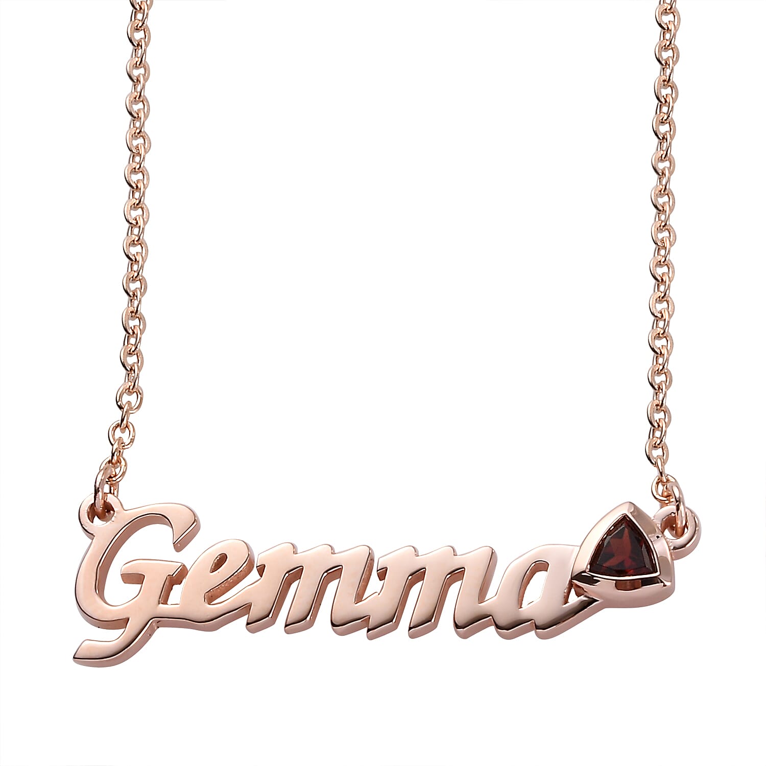 Personalised Garnet Gemstone Name Necklace in Brass, Font- Script MT Bold