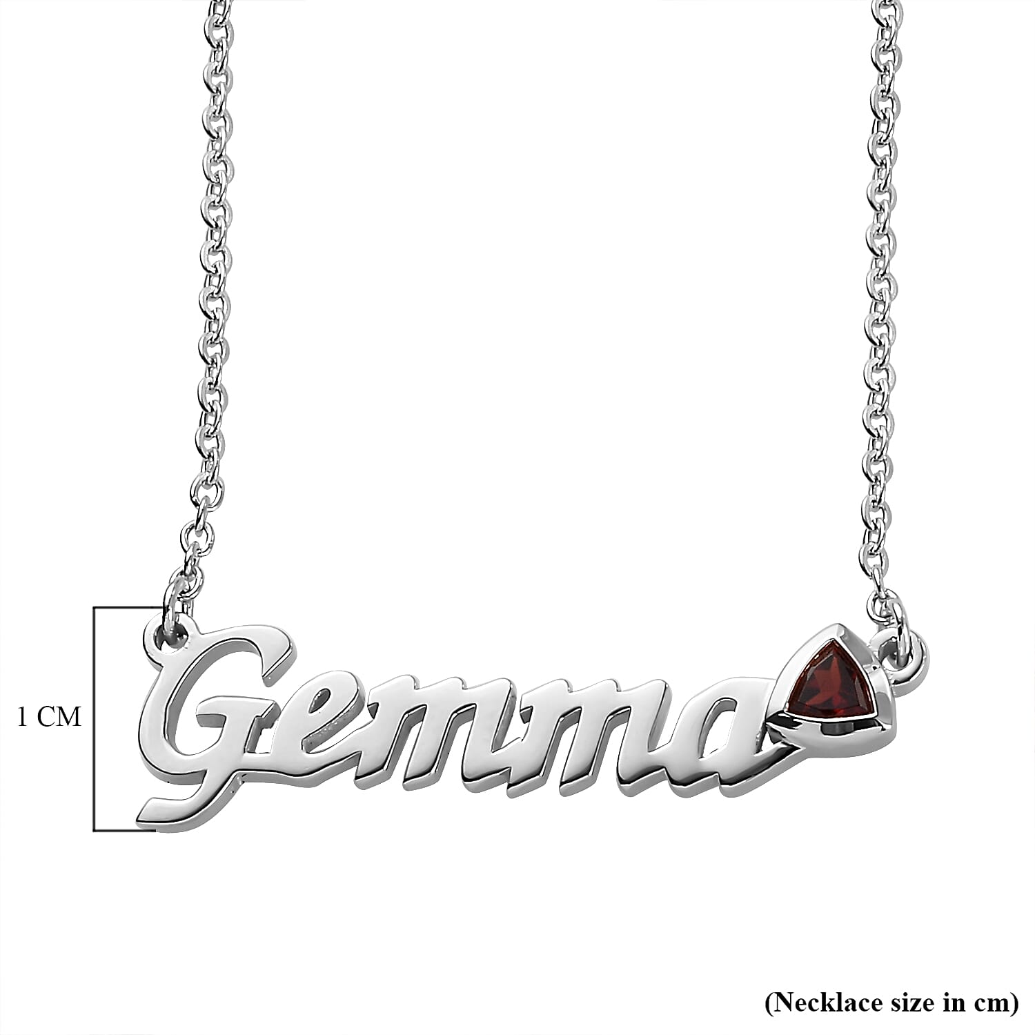 Personalised Garnet Gemstone Name Necklace in Brass, Font- Script MT Bold