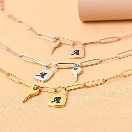 Personalised Initial Lock & Key Charm Pendant with Chain in Silver, Size 20",