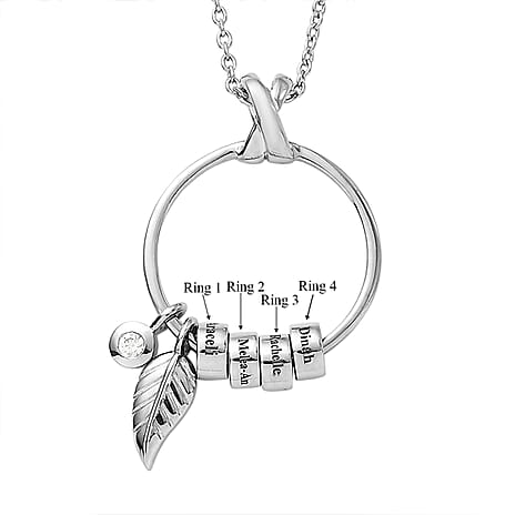 Personalised 4 Ring Pendant with Leaf & Zircon in Silver, Size 20"
