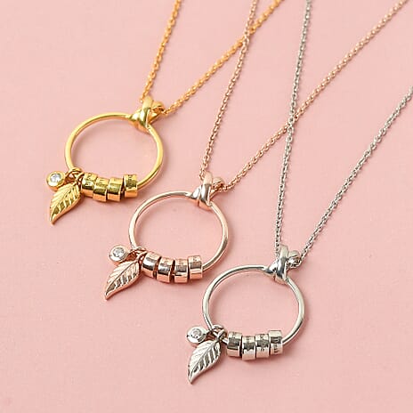 Personalised 4 Ring Pendant with Leaf & Zircon in Silver, Size 20"