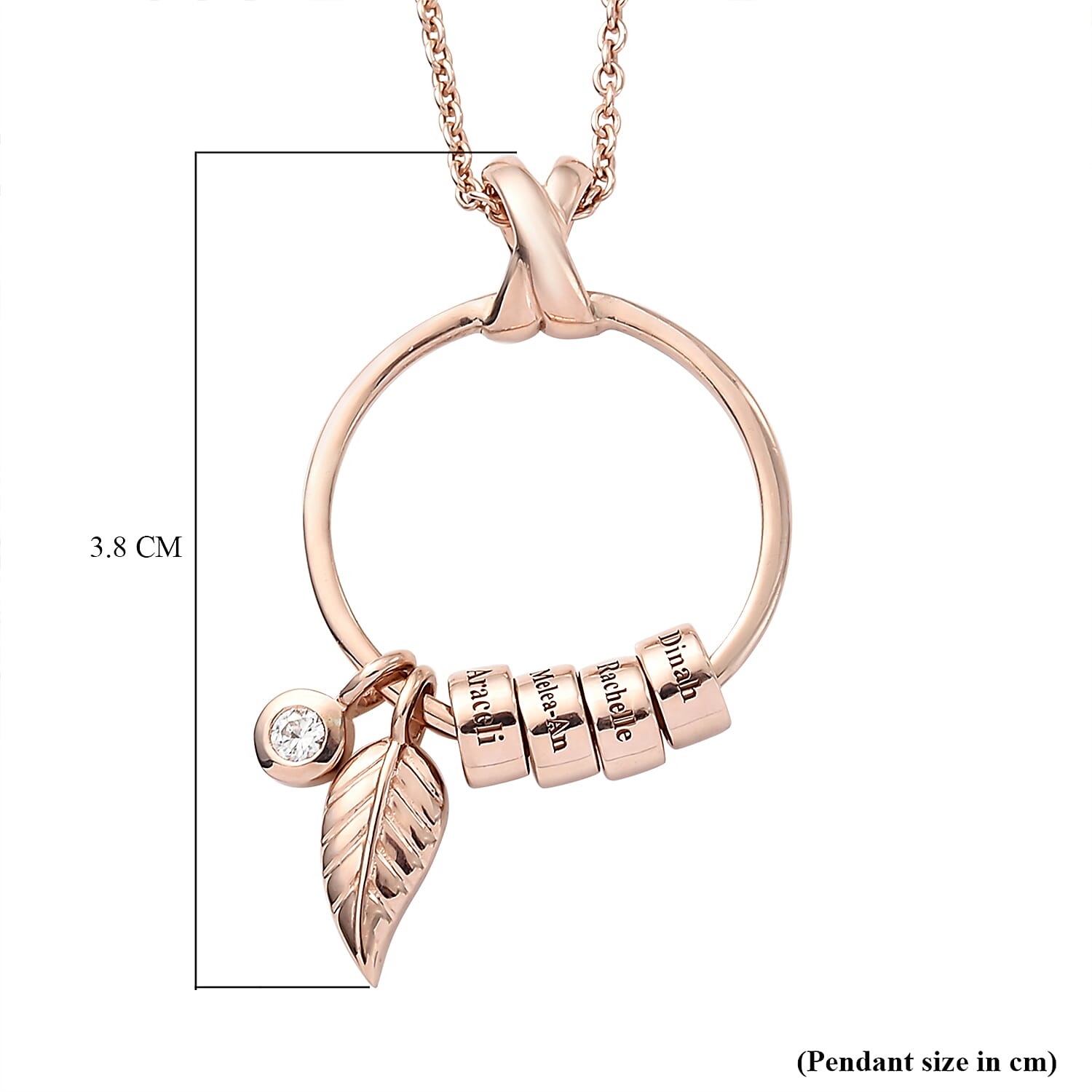 Personalised 4 Ring Pendant with Leaf & Zircon in Silver, Size 20"