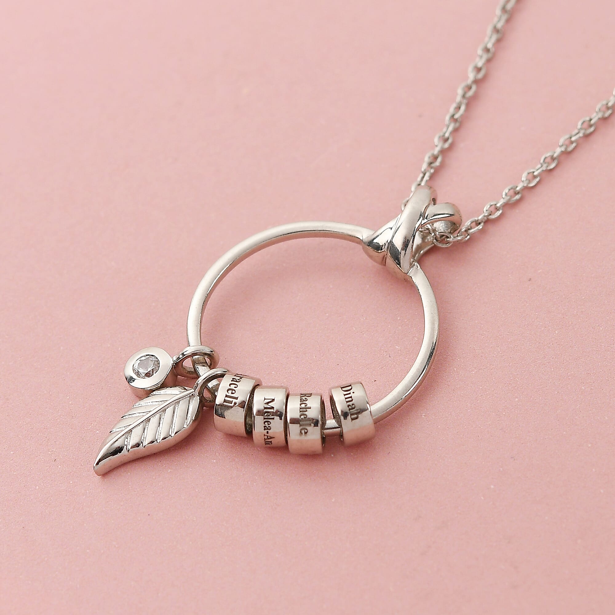 Personalised 4 Ring Pendant with Leaf & Zircon in Silver, Size 20"