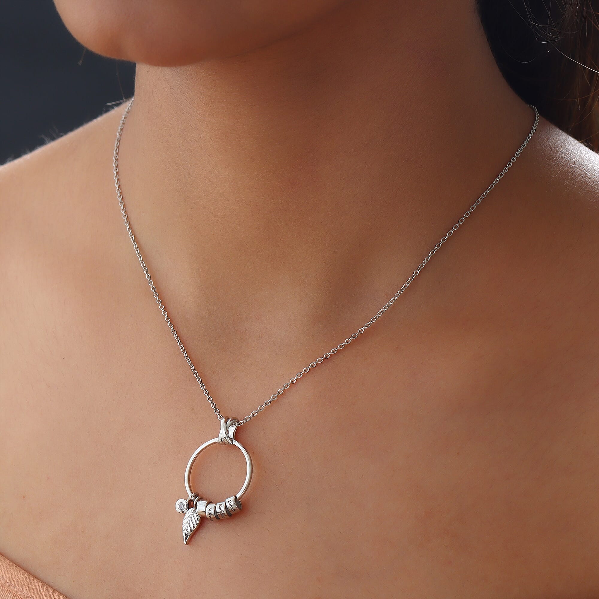 Personalised 4 Ring Pendant with Leaf & Zircon in Silver, Size 20"