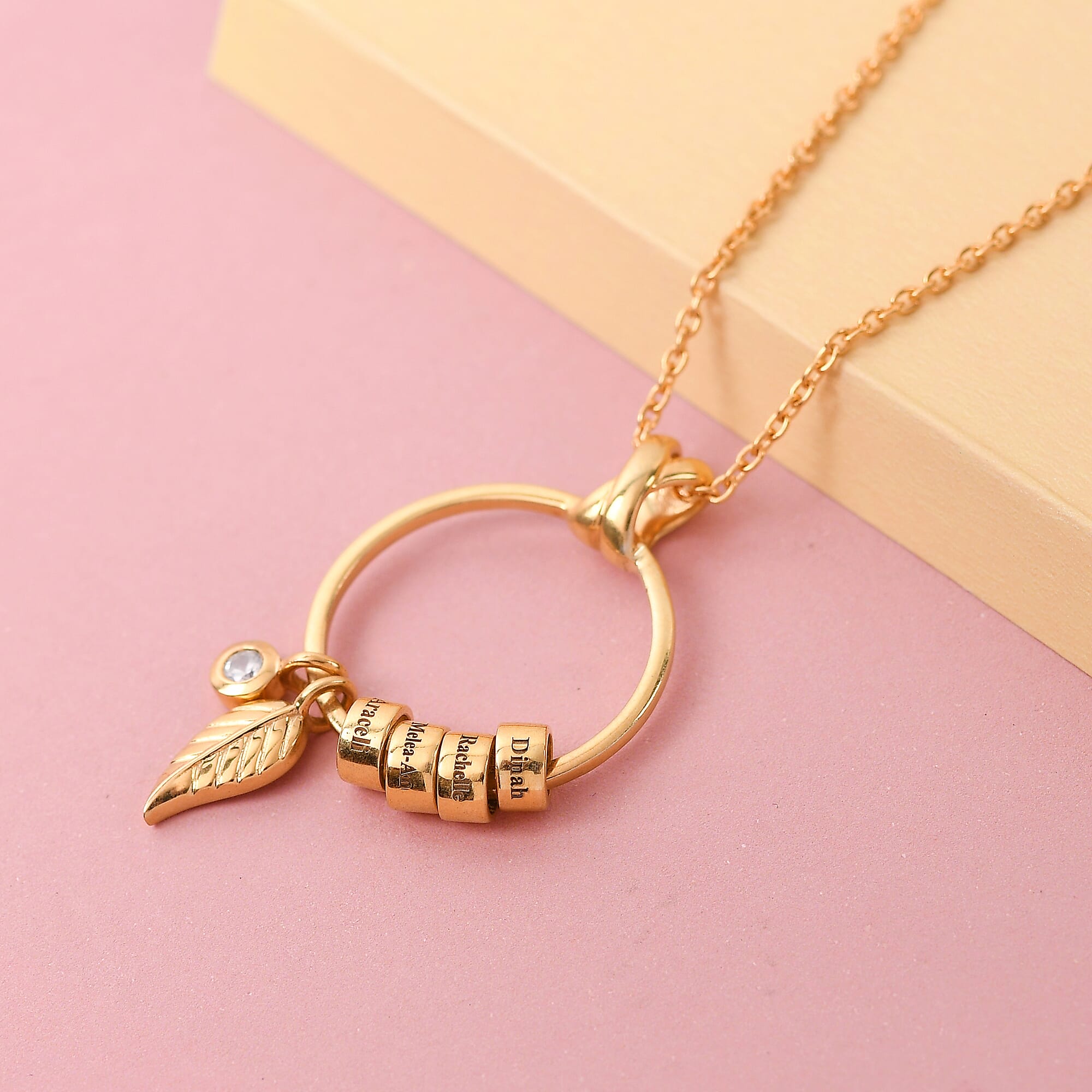 Personalised 4 Ring Pendant with Leaf & Zircon in Silver, Size 20"