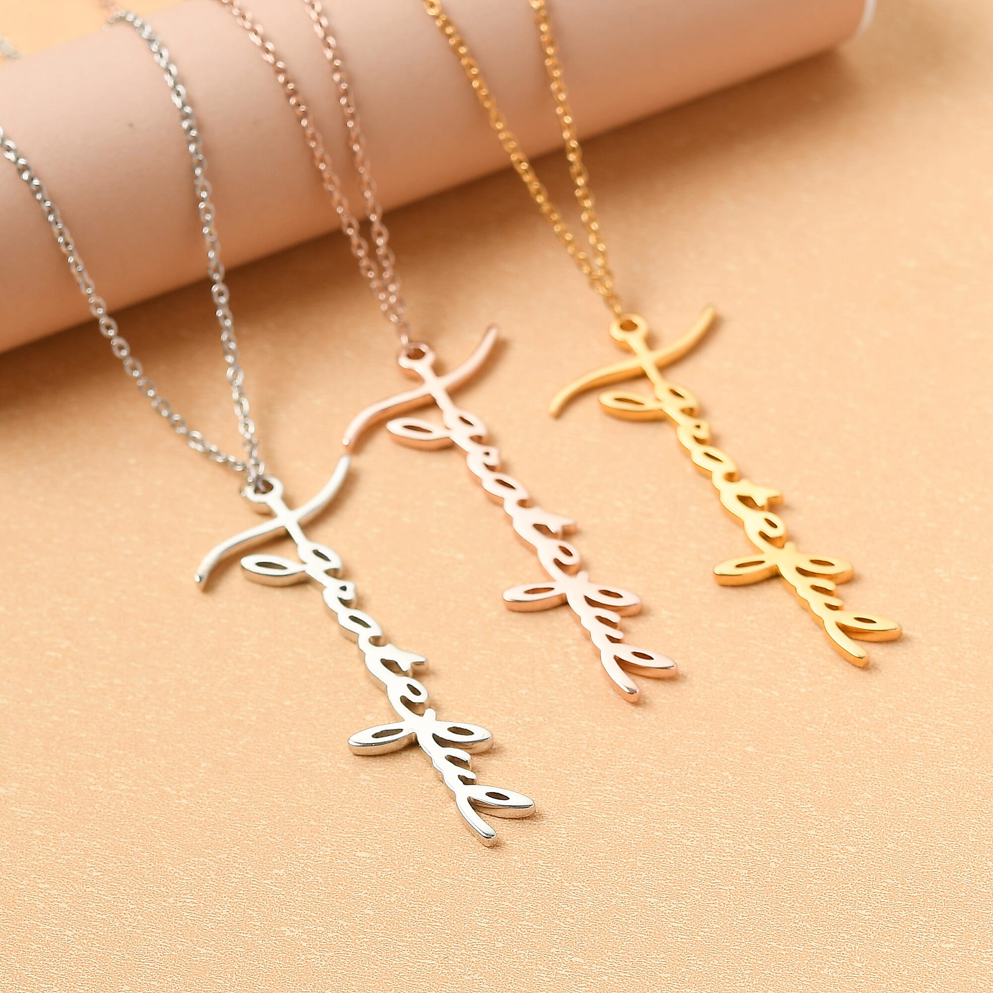 Personalised Cross Name Necklace in Silver, Size 20", Font - Freehand521 BT