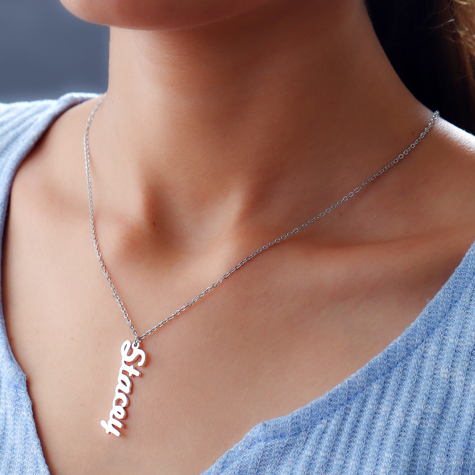 Personalised Vertical Name Necklace in Brass, Font- Freehand521 BT, Size- 18-2"