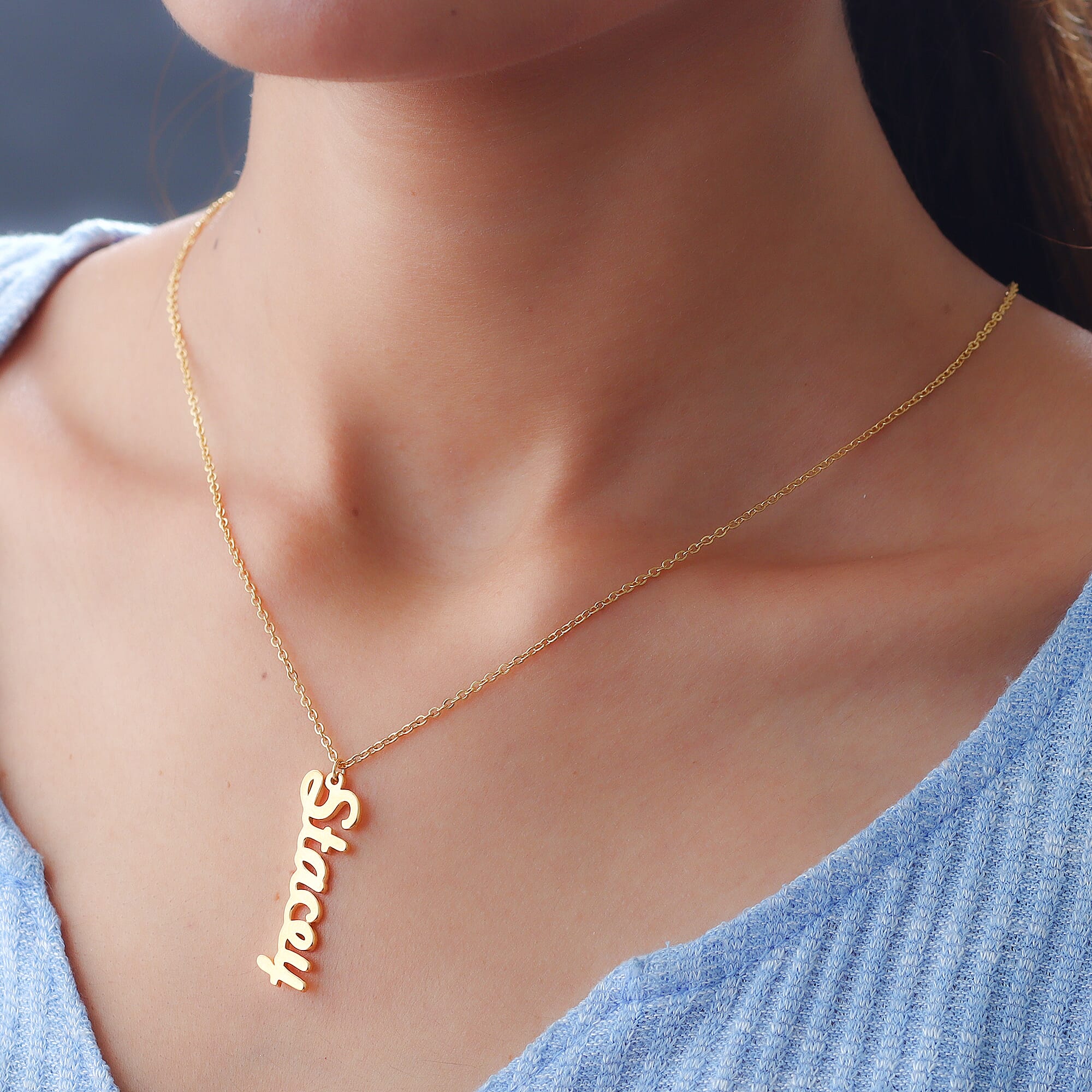 Personalised Vertical Name Necklace in Brass, Font- Freehand521 BT, Size- 18-2"