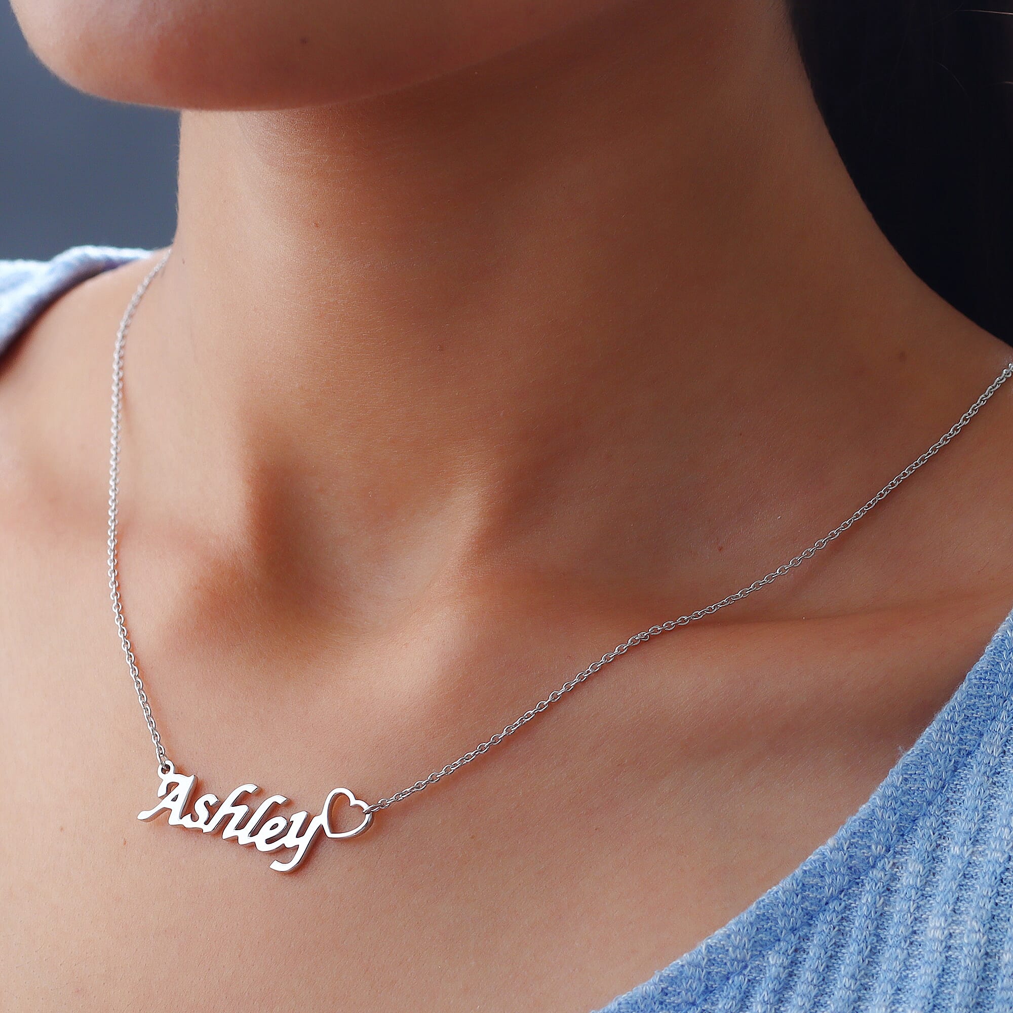 Personalised Heart Name Necklae in Silver,Font- ITC Zapf Chancery, Size 20"