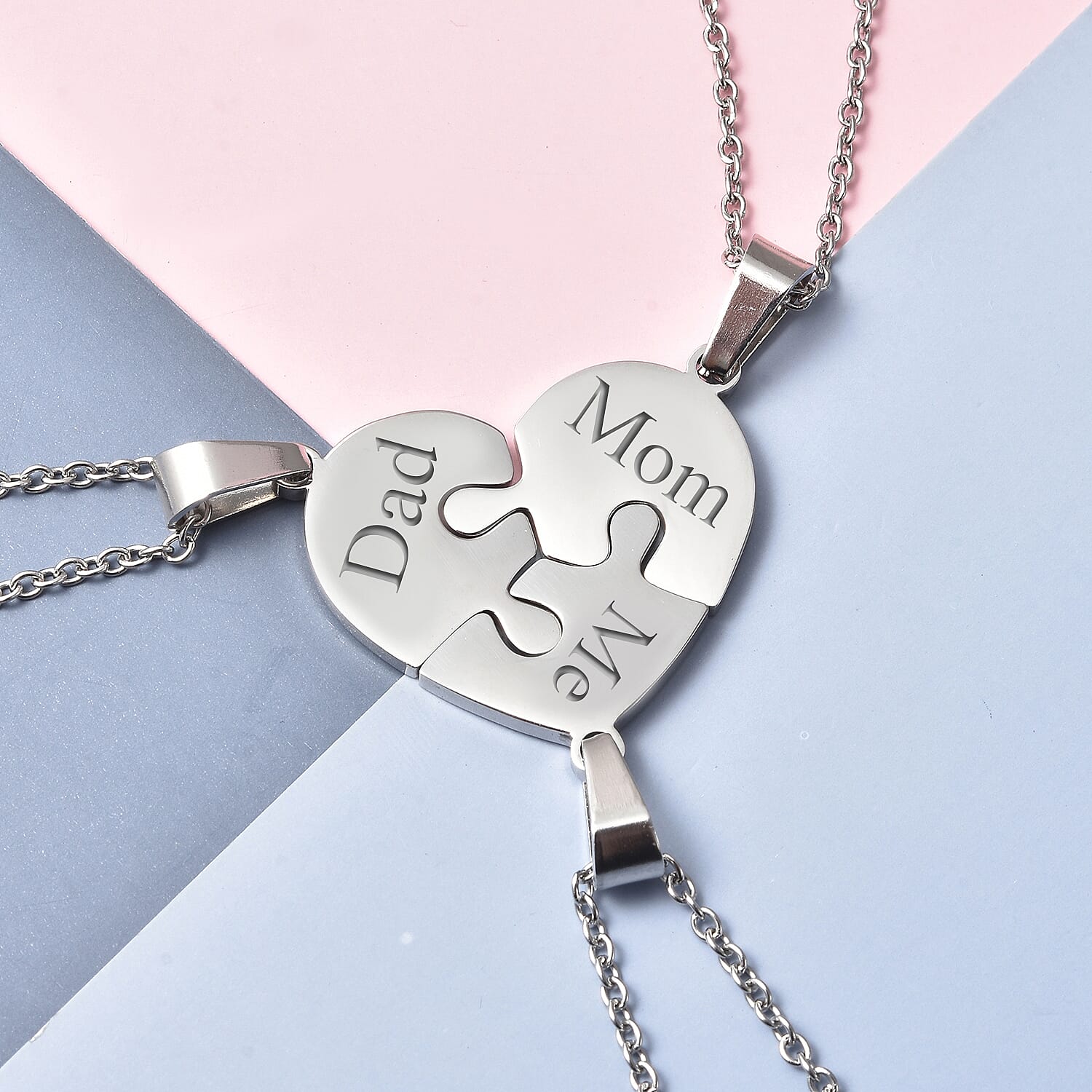 Personalised Engravable Set of 3 Puzzle Heart Necklace in Stainless Steel, Size 18"