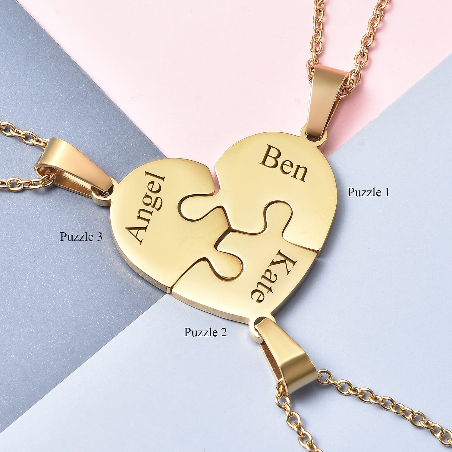 Personalised Engravable Set of 3 Puzzle Heart Necklace in Stainless Steel, Size 18"